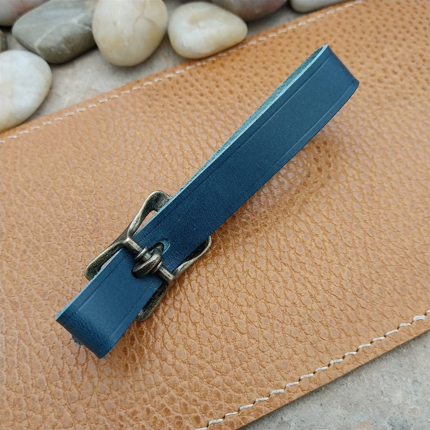 Blue Italian Leather Pocket Watch Fob Strap & Antique Brass Finish Solid Buckle