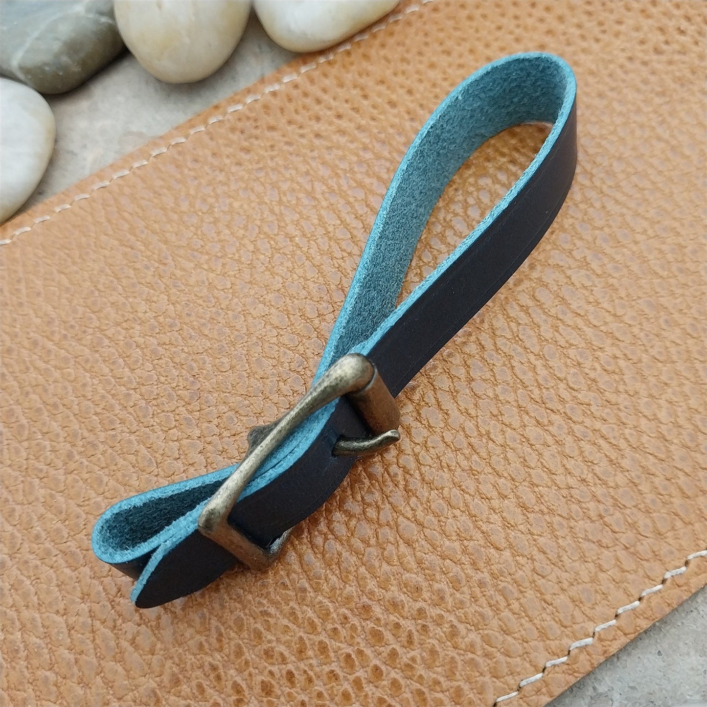 Blue Italian Leather Pocket Watch Fob Strap & Antique Brass Finish Solid Buckle