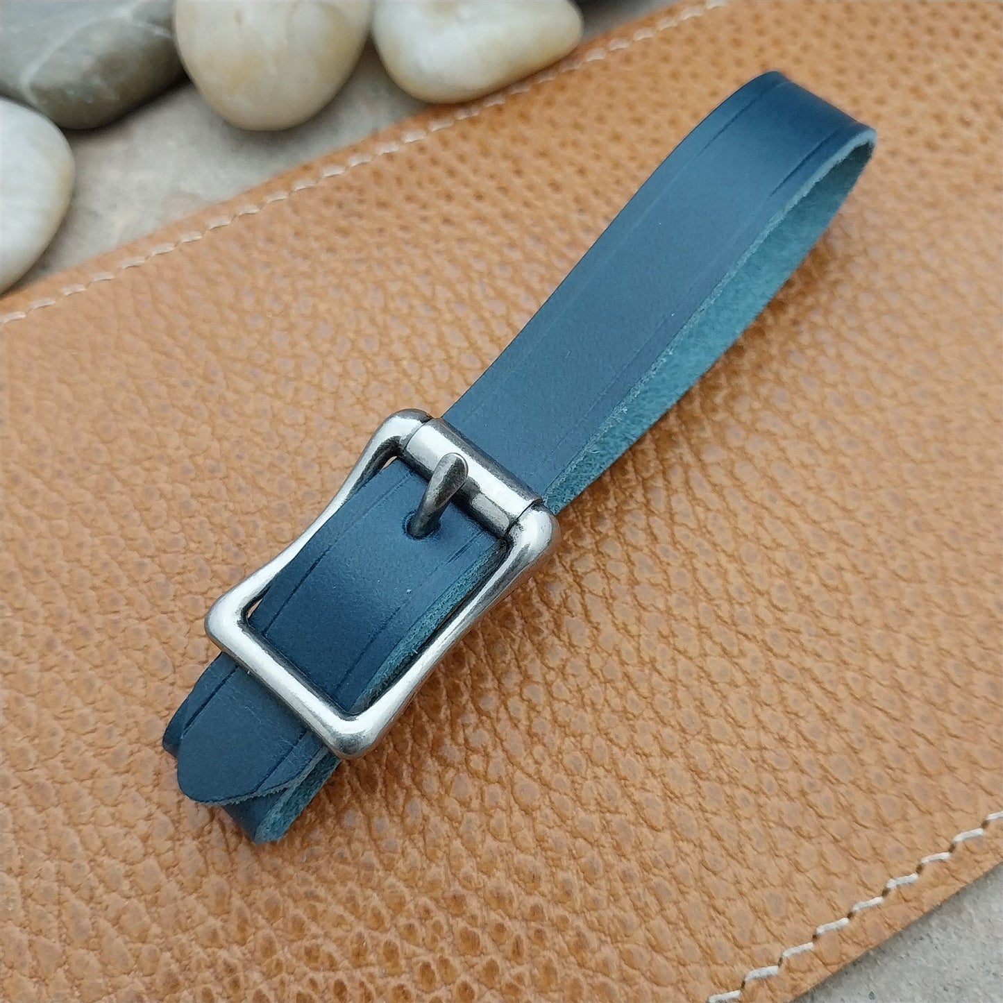 Blue Italian Leather Pocket Watch Fob Strap & Antique Nickel Finish Solid Buckle