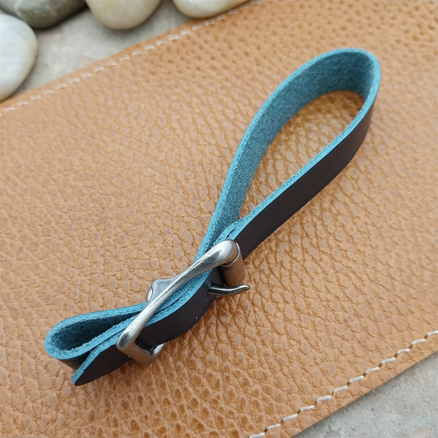 Blue Italian Leather Pocket Watch Fob Strap & Antique Nickel Finish Solid Buckle