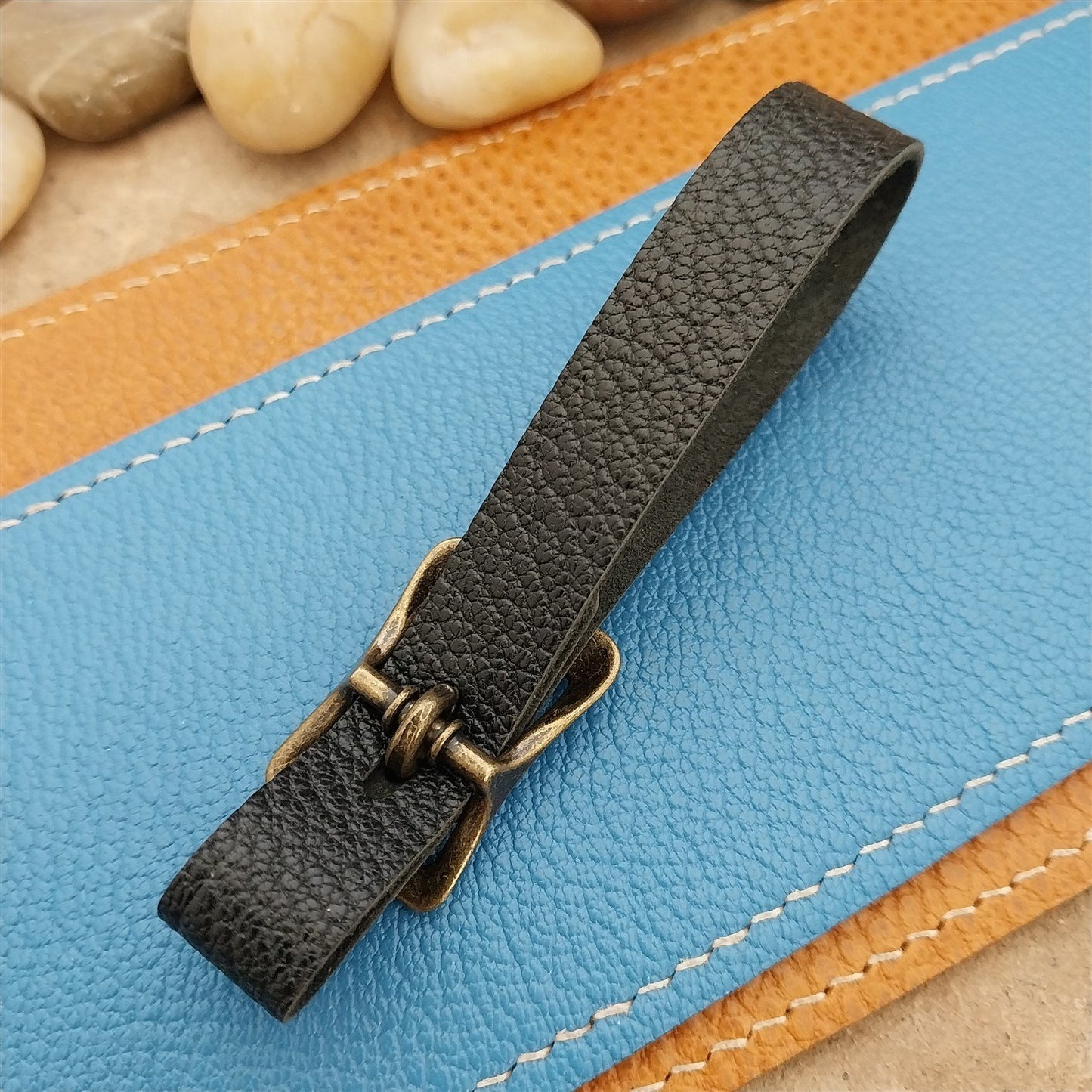 Black French Goatskin Leather Vintage Pocket Watch Fob Strap & Solid Buckle