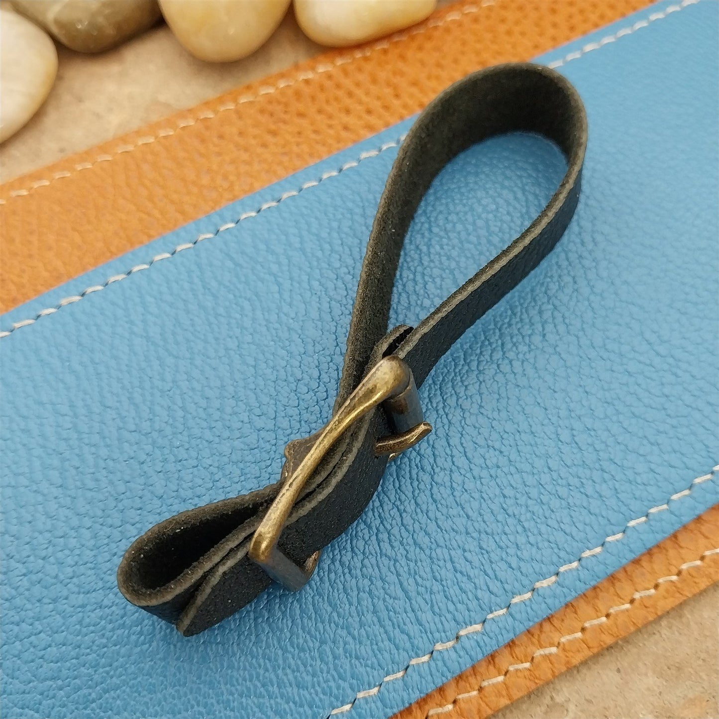 Black French Goatskin Leather Vintage Pocket Watch Fob Strap & Solid Buckle