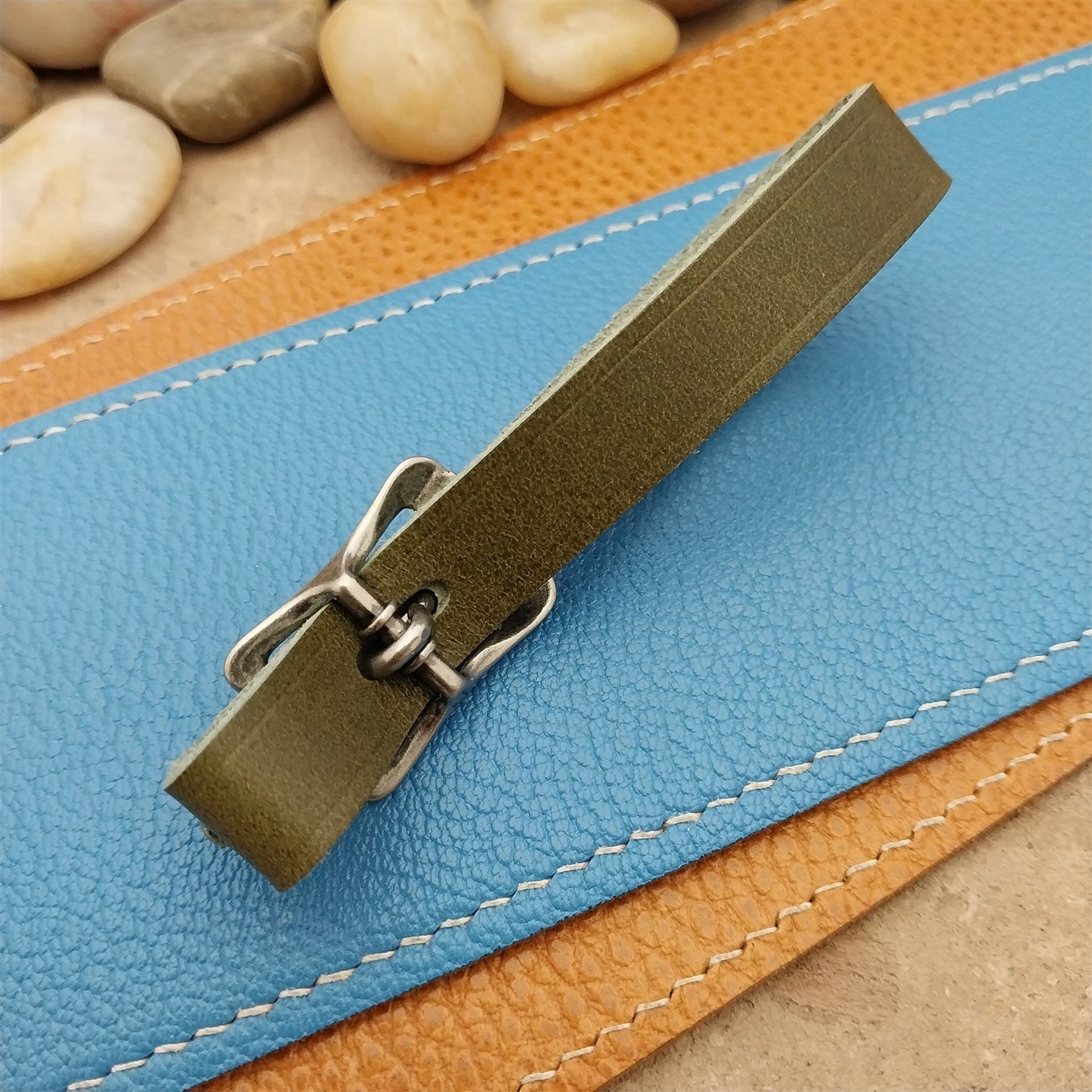 Olive Green Italian Leather Pocket Watch Fob Strap & Nickel Finish Solid Buckle