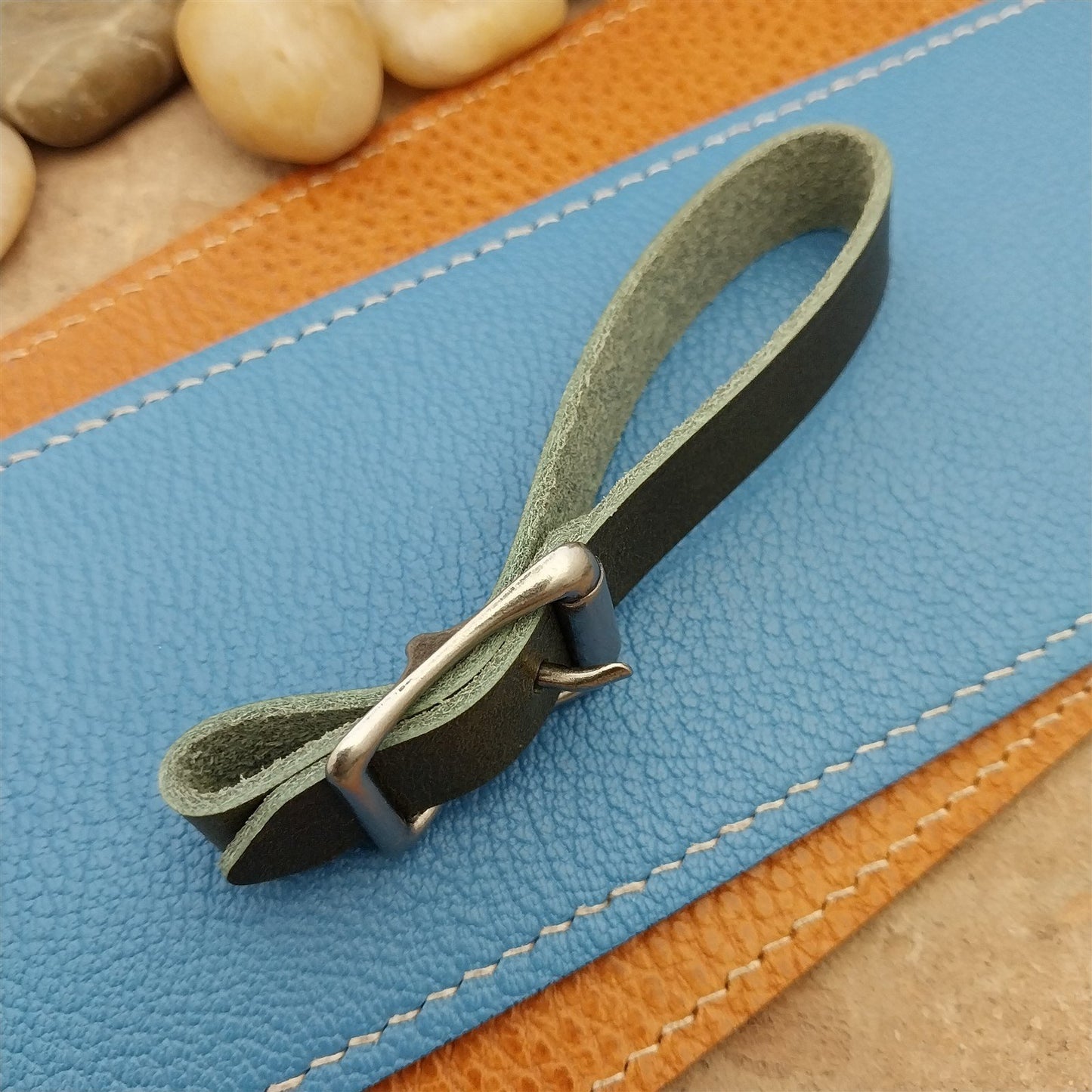 Olive Green Italian Leather Pocket Watch Fob Strap & Nickel Finish Solid Buckle