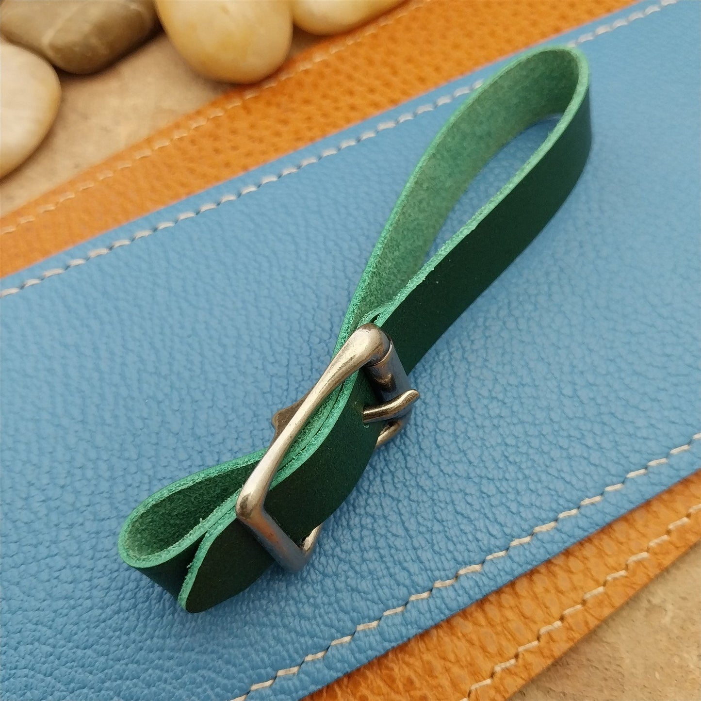 Green Italian Leather Pocket Watch Fob Strap& Antique Nickel Finish Solid Buckle