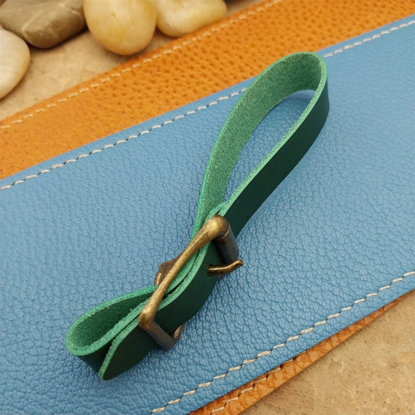 Green Italian Leather Pocket Watch Fob Strap& Antique Brass Finish Solid Buckle