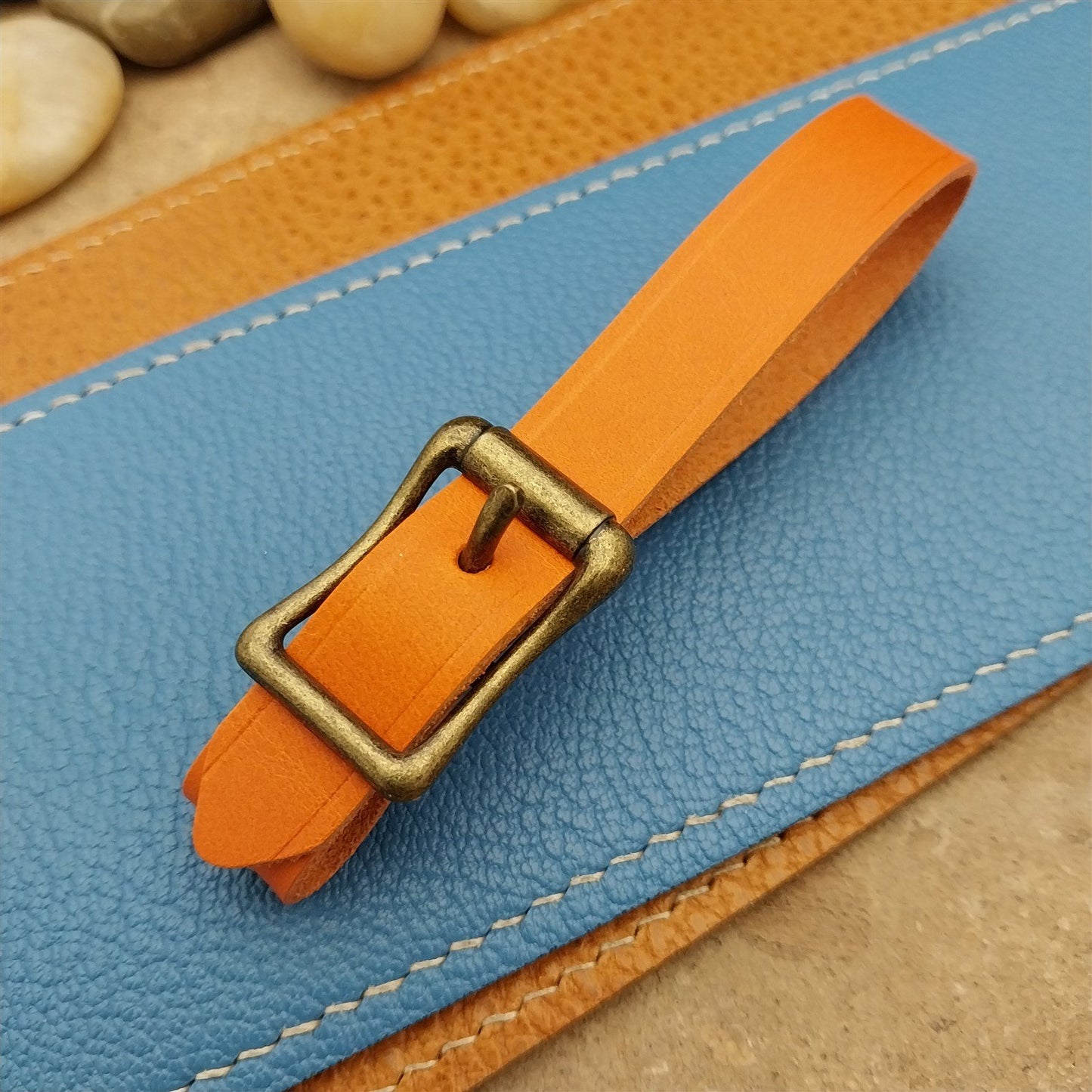 Orange Italian Leather Pocket Watch Fob Strap& Antique Brass Finish Solid Buckle