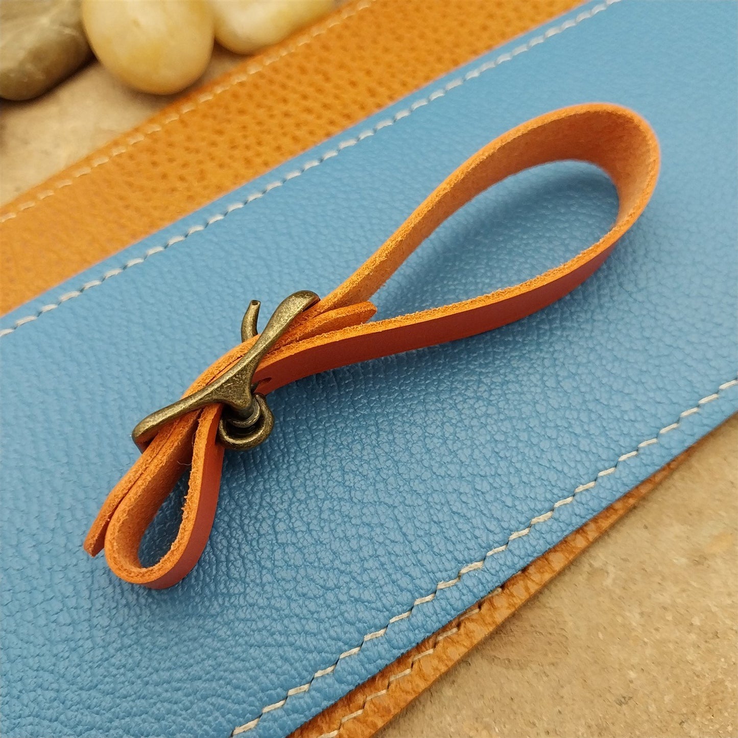 Orange Italian Leather Pocket Watch Fob Strap& Antique Brass Finish Solid Buckle