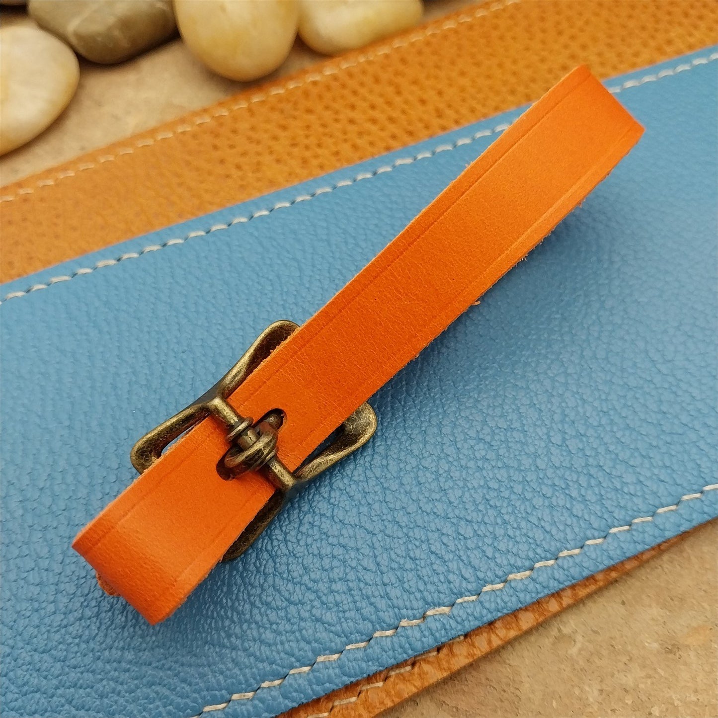 Orange Italian Leather Pocket Watch Fob Strap& Antique Brass Finish Solid Buckle