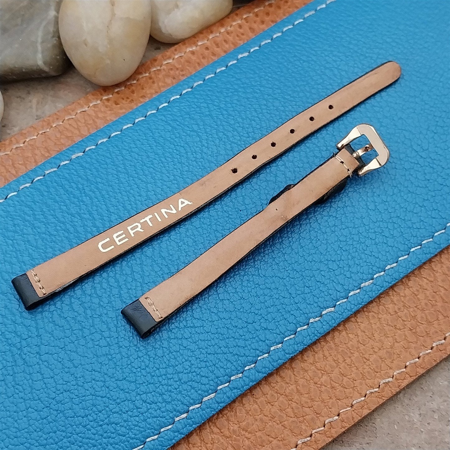 Vintage 8mm Certina Black Leather Womens Unused Watch & Rose Gold Tone Buckle