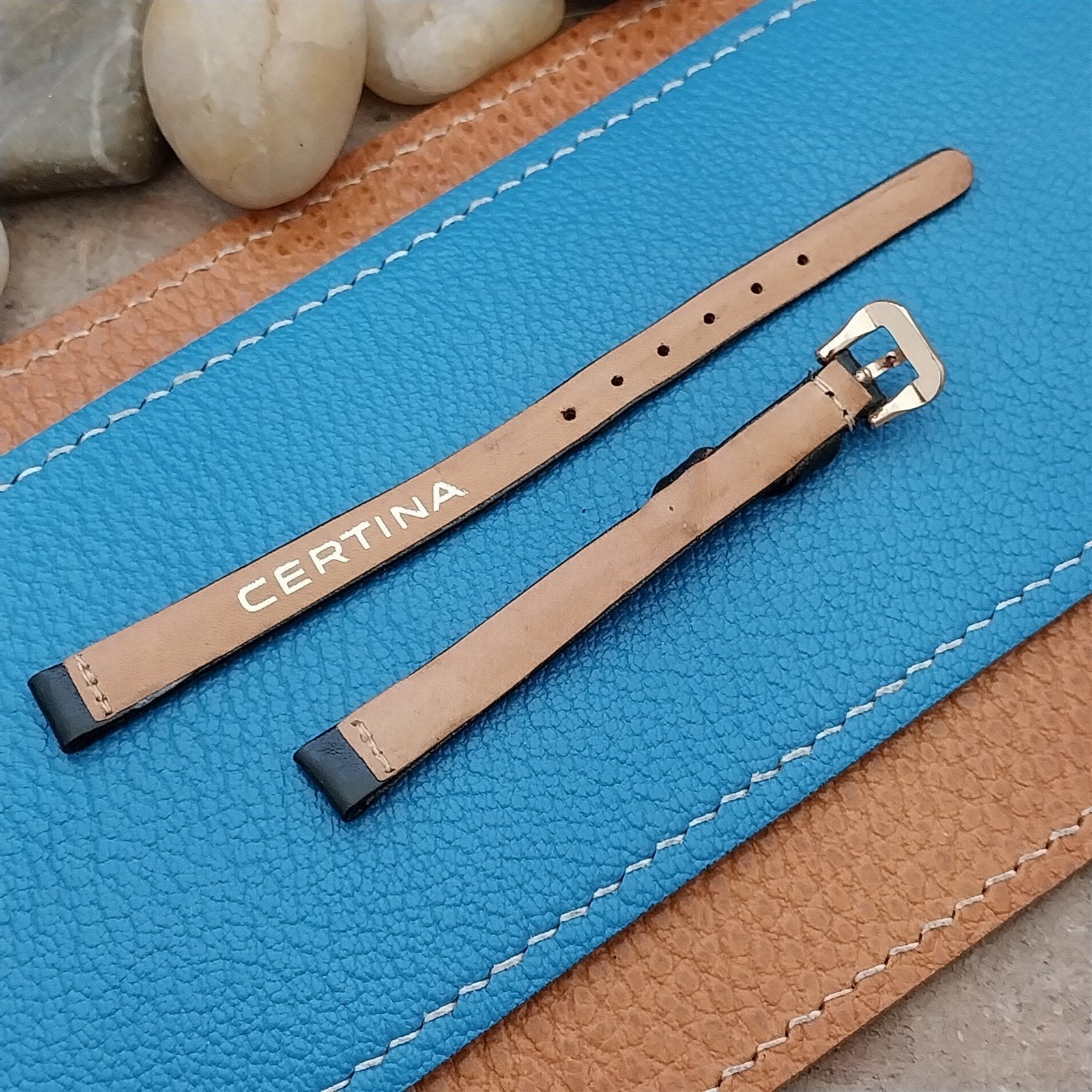 Vintage 8mm Certina Black Leather Womens Unused Watch & Rose Gold Tone Buckle