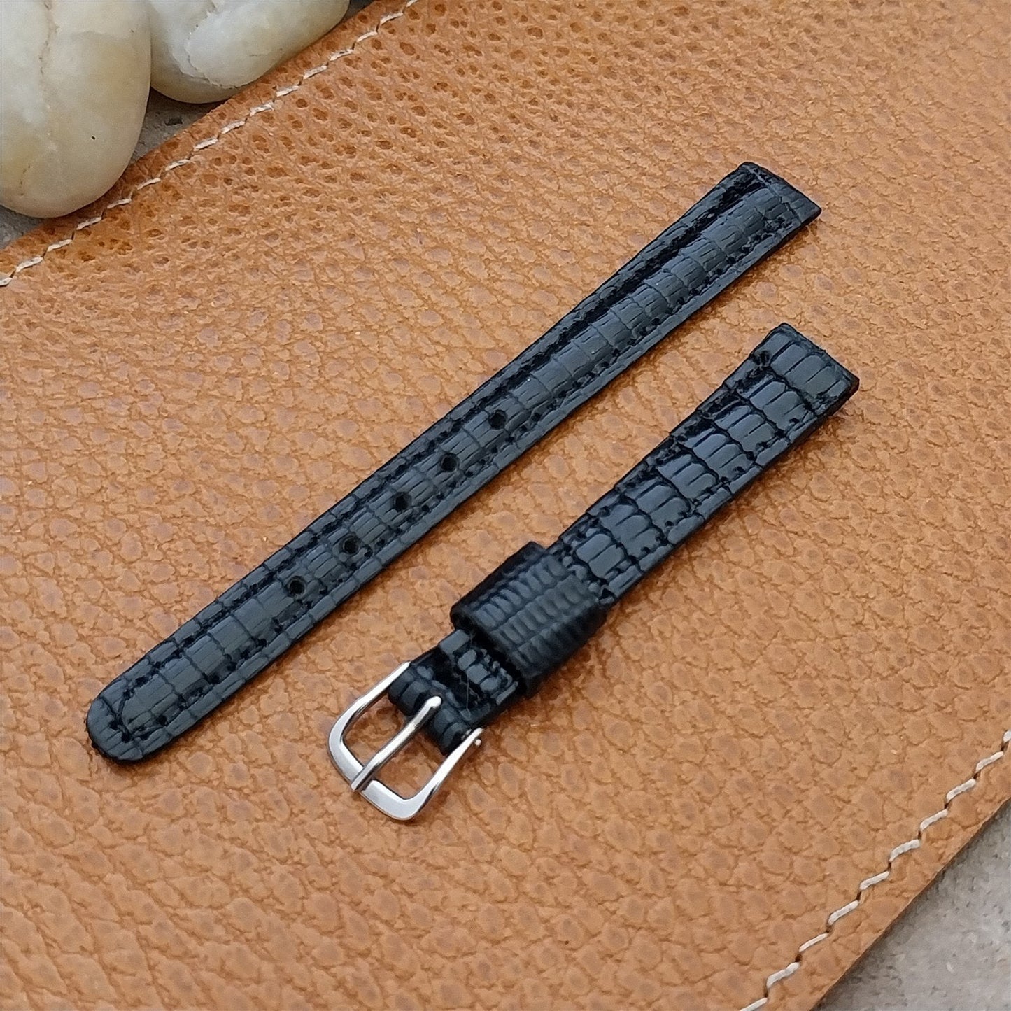 Vintage 10mm Black Genuine Lizard Womens Unused Watch Band & Silver Tone Buckle