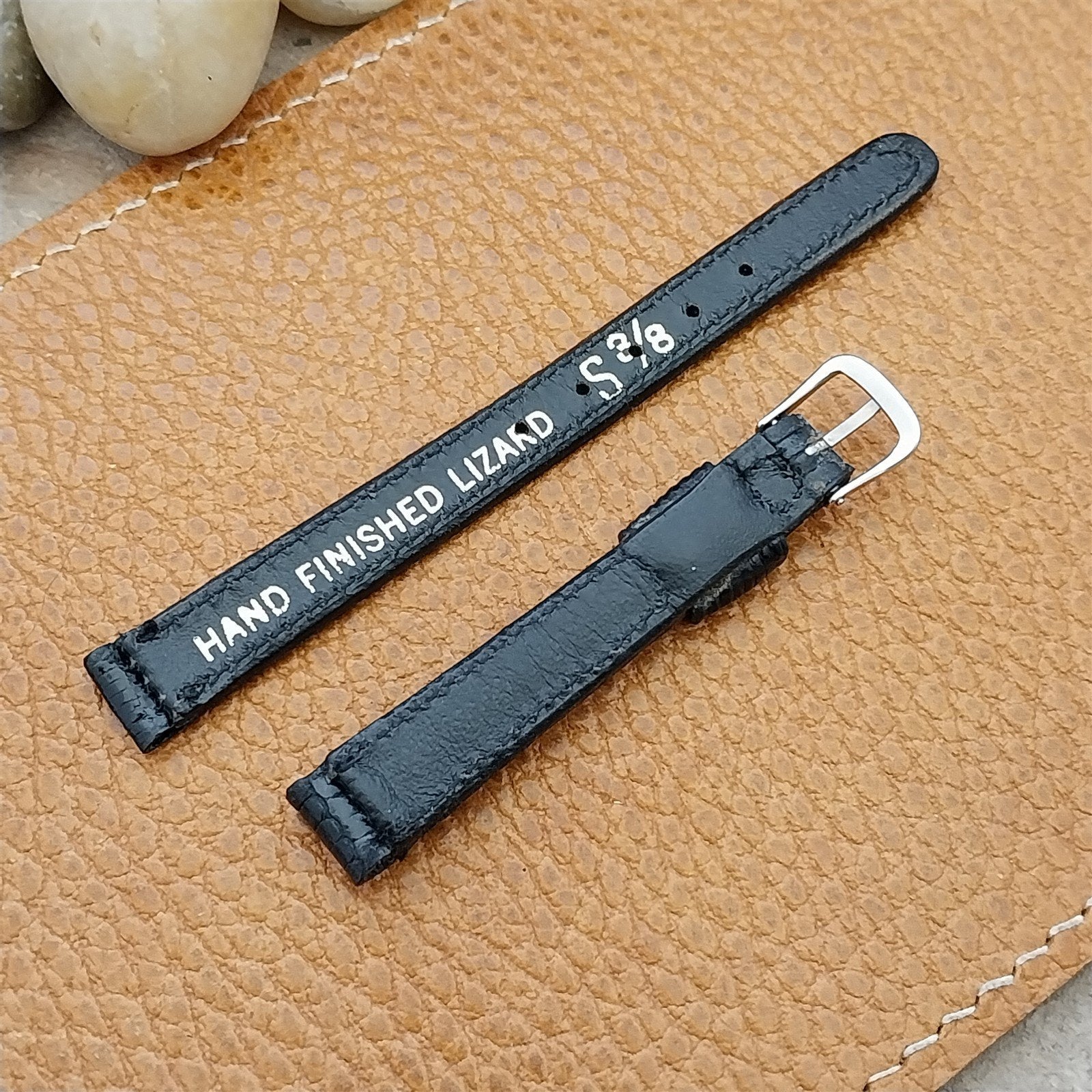 Vintage 10mm Black Genuine Lizard Womens Unused Watch Band & Silver Tone Buckle