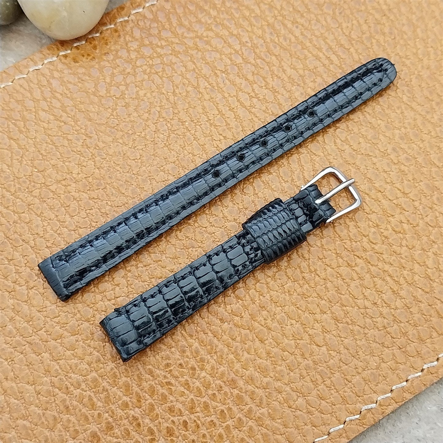 Vintage 10mm Black Genuine Lizard Womens Unused Watch Band & Silver Tone Buckle