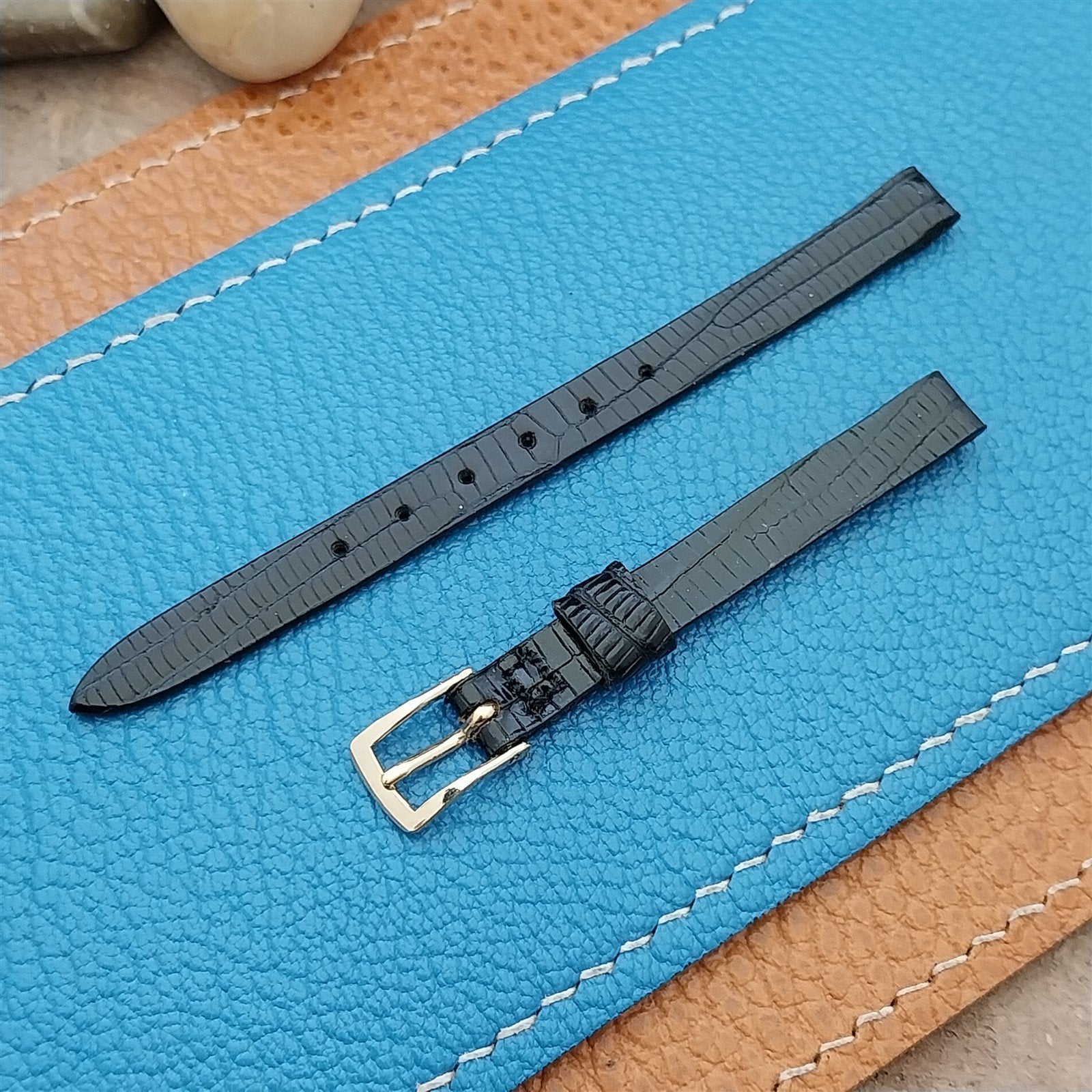 Vintage 10mm Black Genuine Lizard Womens Unused Watch Band & Silver Tone Buckle