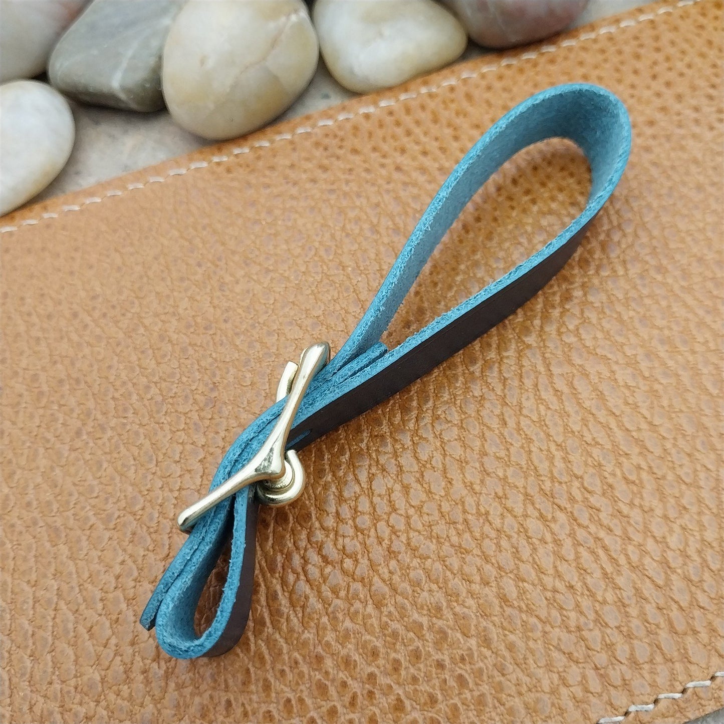 Blue Italian Leather Pocket Watch Fob Strap & Polished Brass Finish Solid Buckle