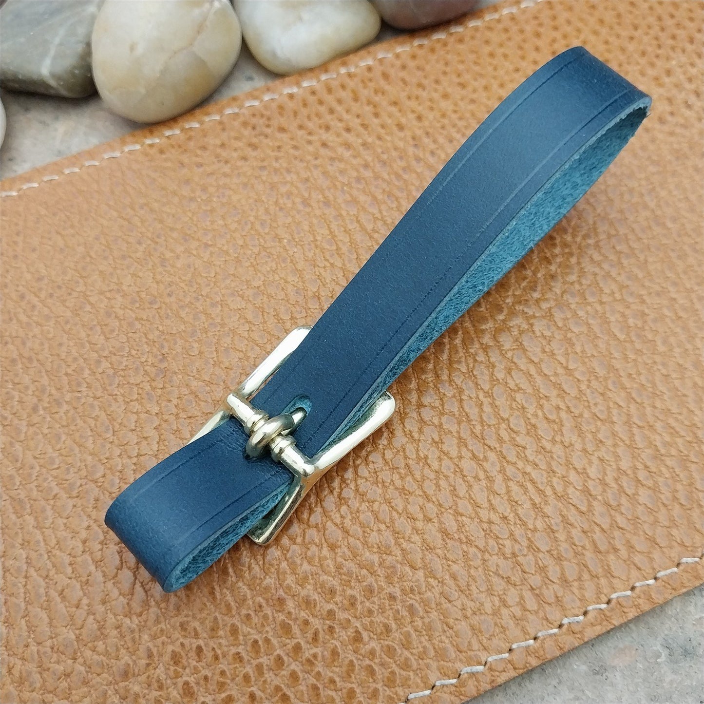 Blue Italian Leather Pocket Watch Fob Strap & Polished Brass Finish Solid Buckle