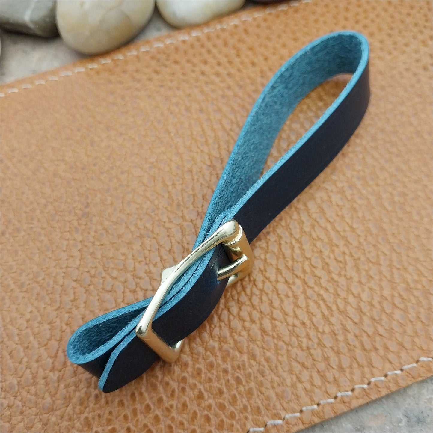 Blue Italian Leather Pocket Watch Fob Strap & Polished Brass Finish Solid Buckle