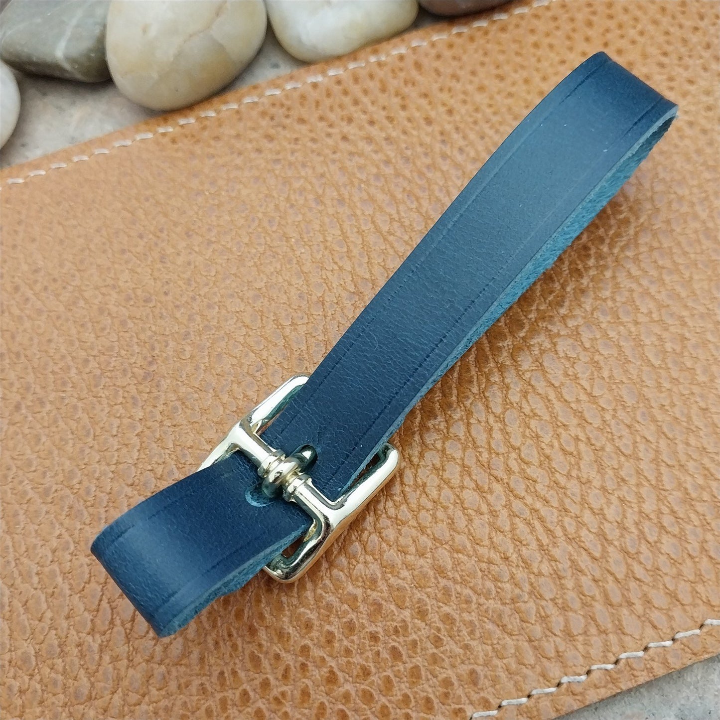 Blue Italian Leather Pocket Watch Fob Strap & Polished Brass Finish Solid Buckle