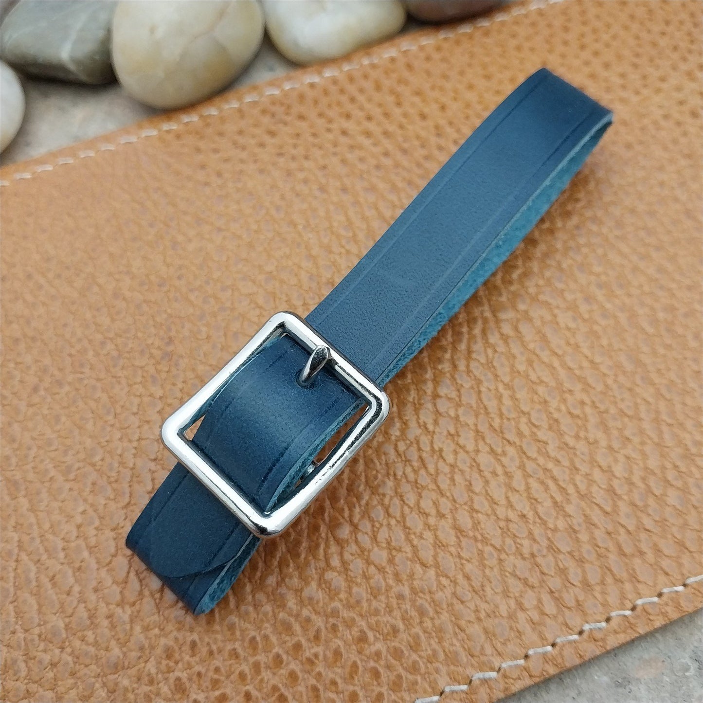 Blue Italian Leather Pocket Watch Fob Strap & Nickel Finish Solid Buckle
