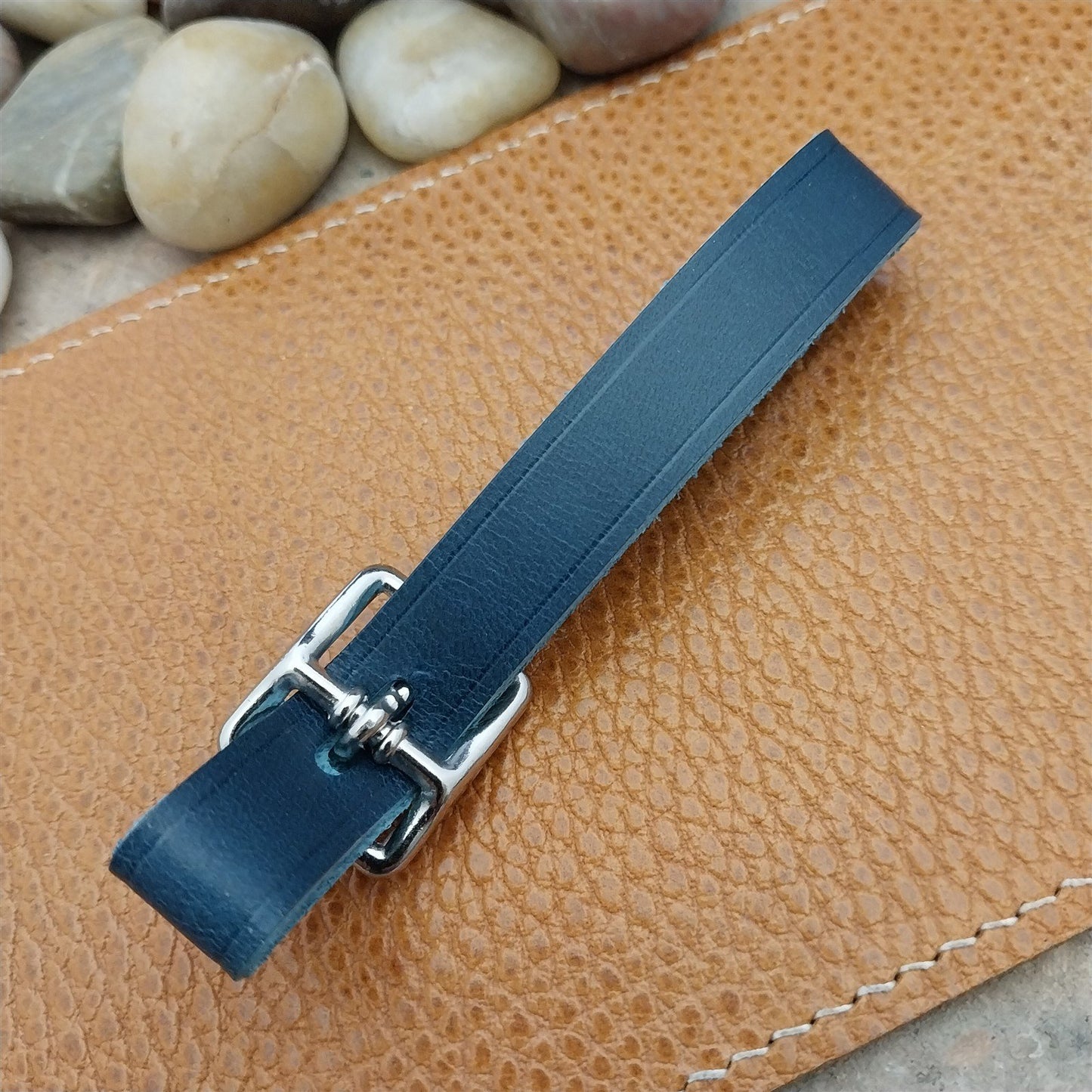 Blue Italian Leather Pocket Watch Fob Strap & Nickel Finish Solid Buckle