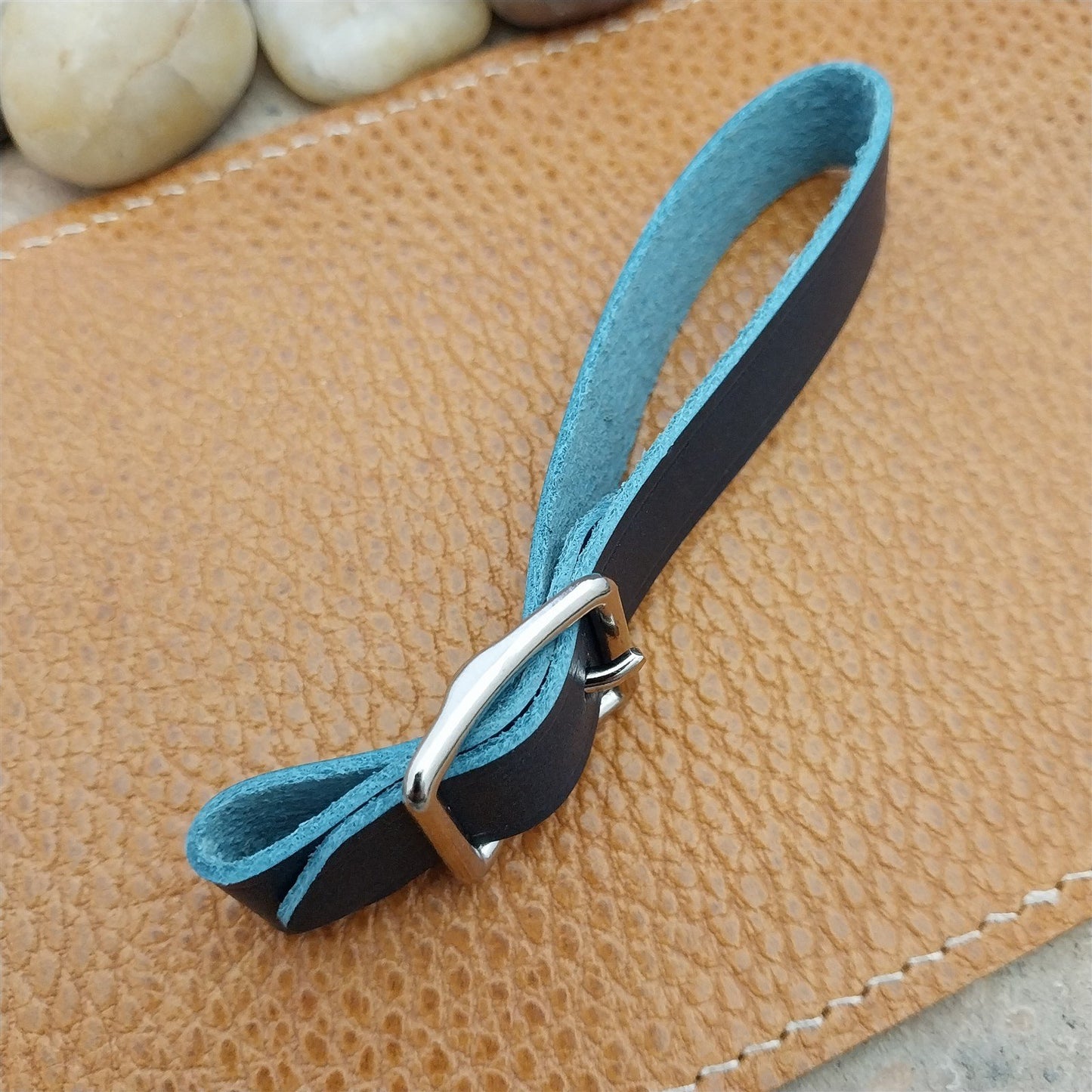 Blue Italian Leather Pocket Watch Fob Strap & Nickel Finish Solid Buckle