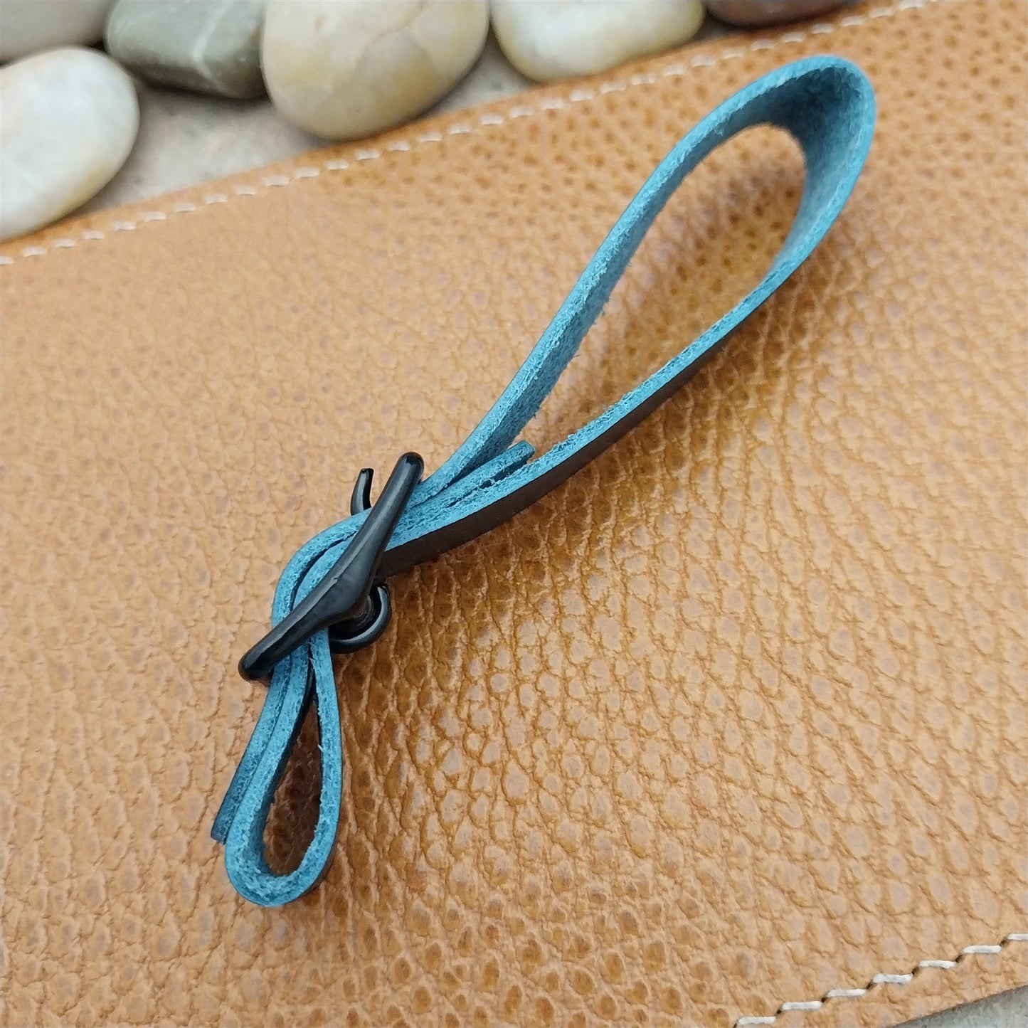 Blue Italian Leather Pocket Watch Fob Strap & Black Solid Buckle