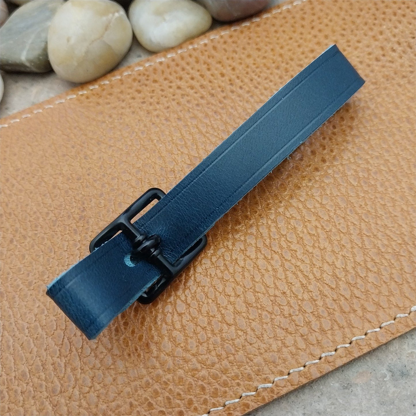 Blue Italian Leather Pocket Watch Fob Strap & Black Solid Buckle