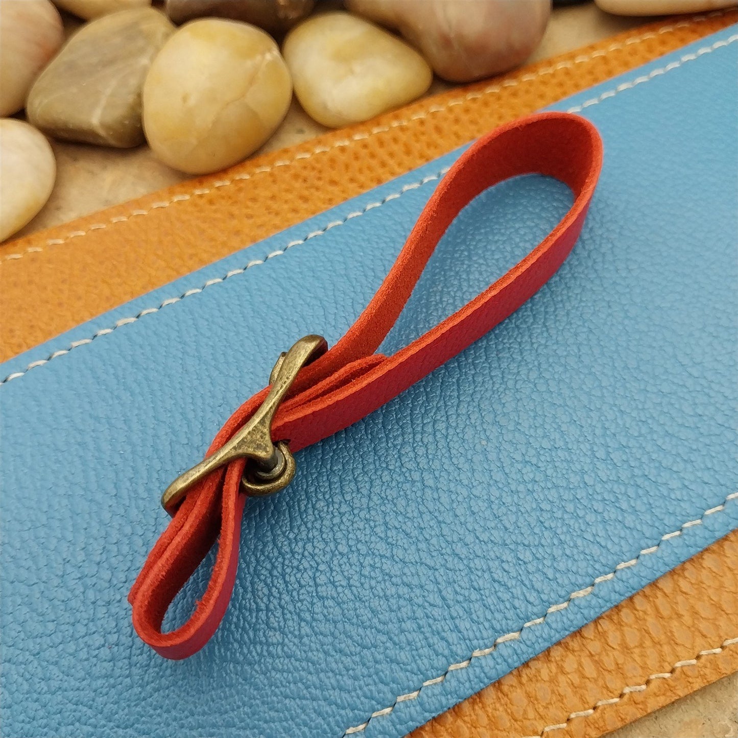 Red French Goatskin Vintage Pocket Watch Fob Strap & Antique Brass Cast Buckle