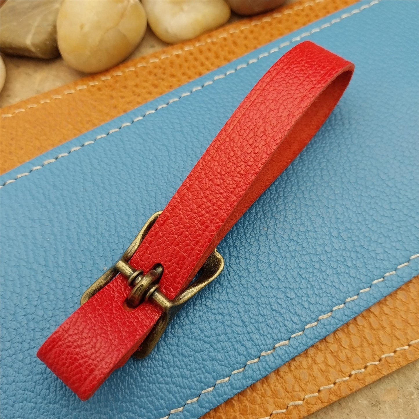 Red French Goatskin Vintage Pocket Watch Fob Strap & Antique Brass Cast Buckle