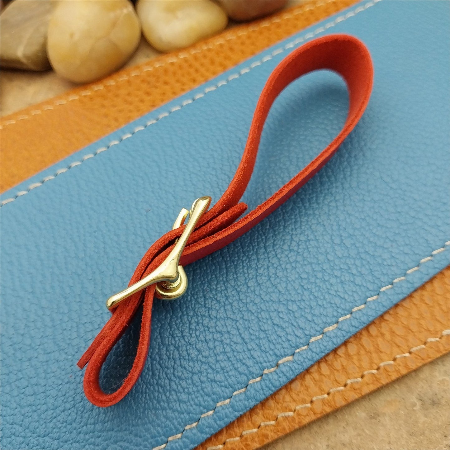 Red French Goatskin Vintage Pocket Watch Fob Strap &Polished Brass Finish Buckle