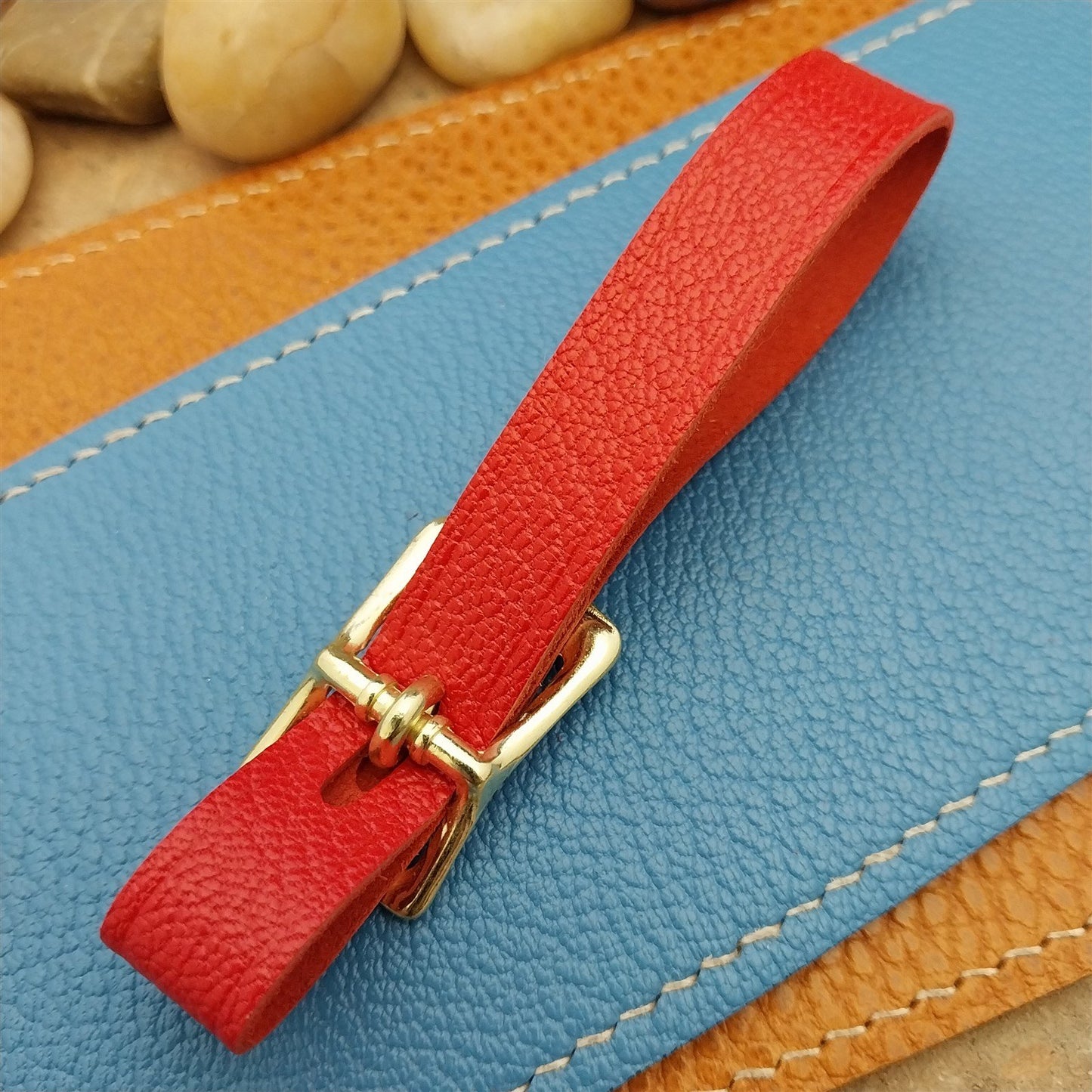 Red French Goatskin Vintage Pocket Watch Fob Strap &Polished Brass Finish Buckle