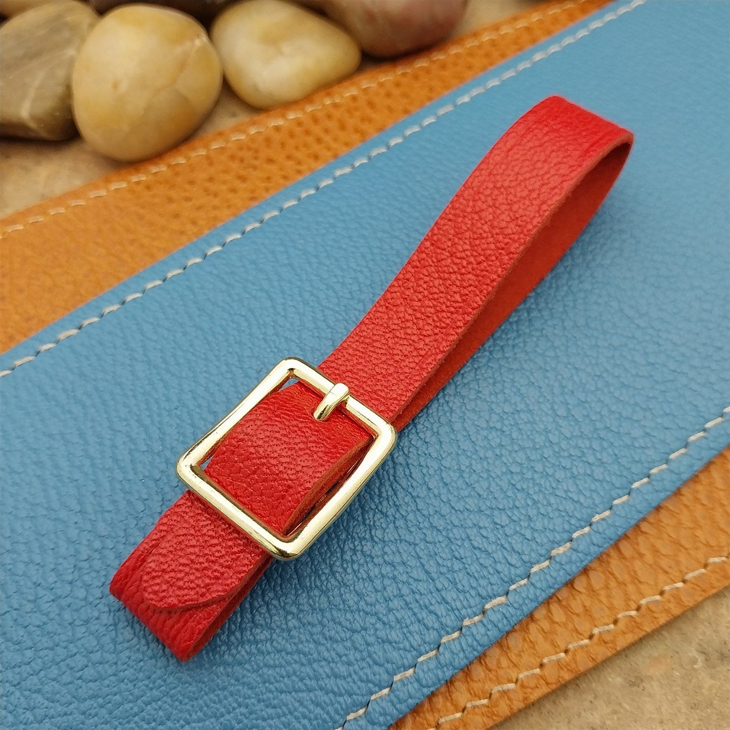 Red French Goatskin Vintage Pocket Watch Fob Strap & Polished Brass Finish Buckle