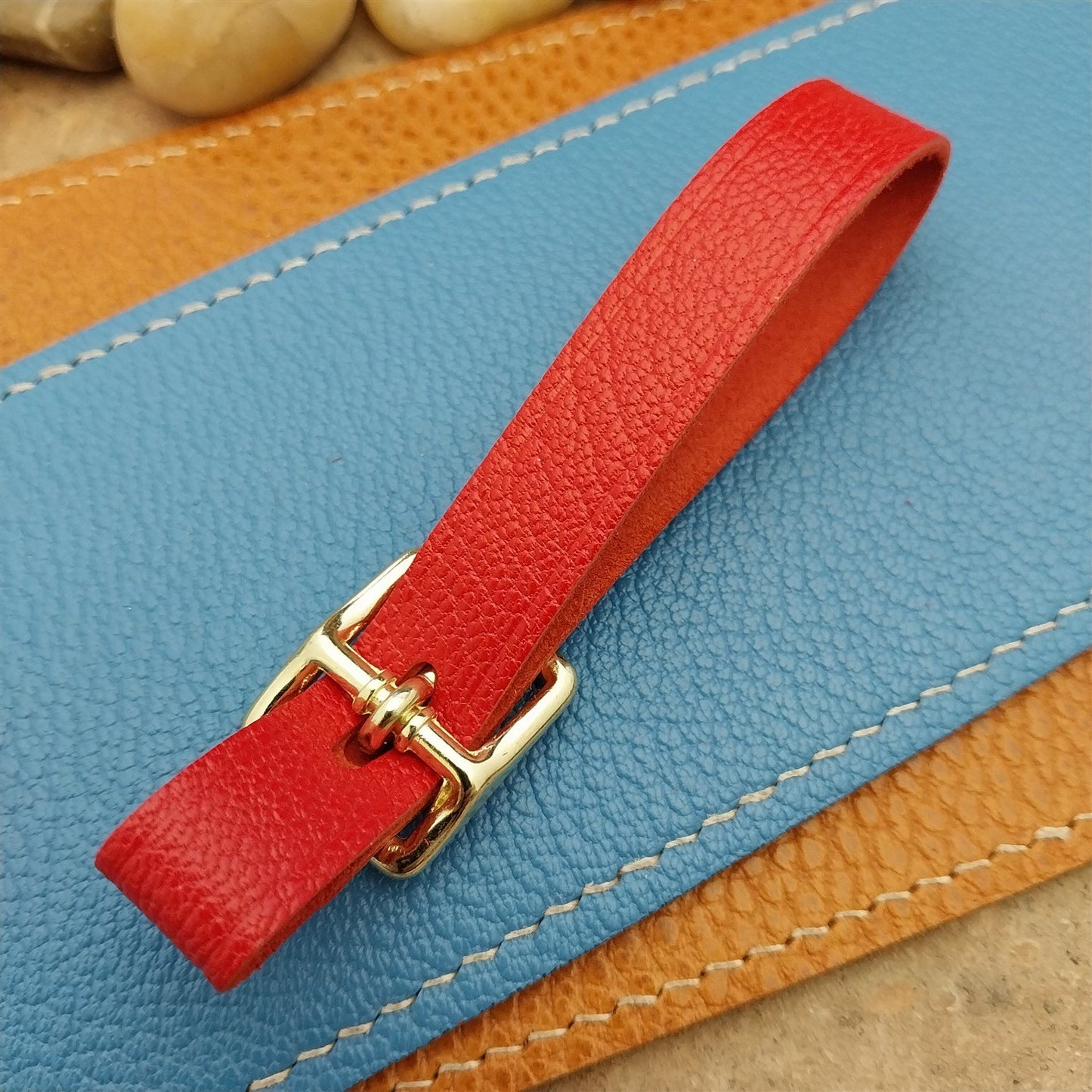 Red French Goatskin Vintage Pocket Watch Fob Strap & Polished Brass Finish Buckle