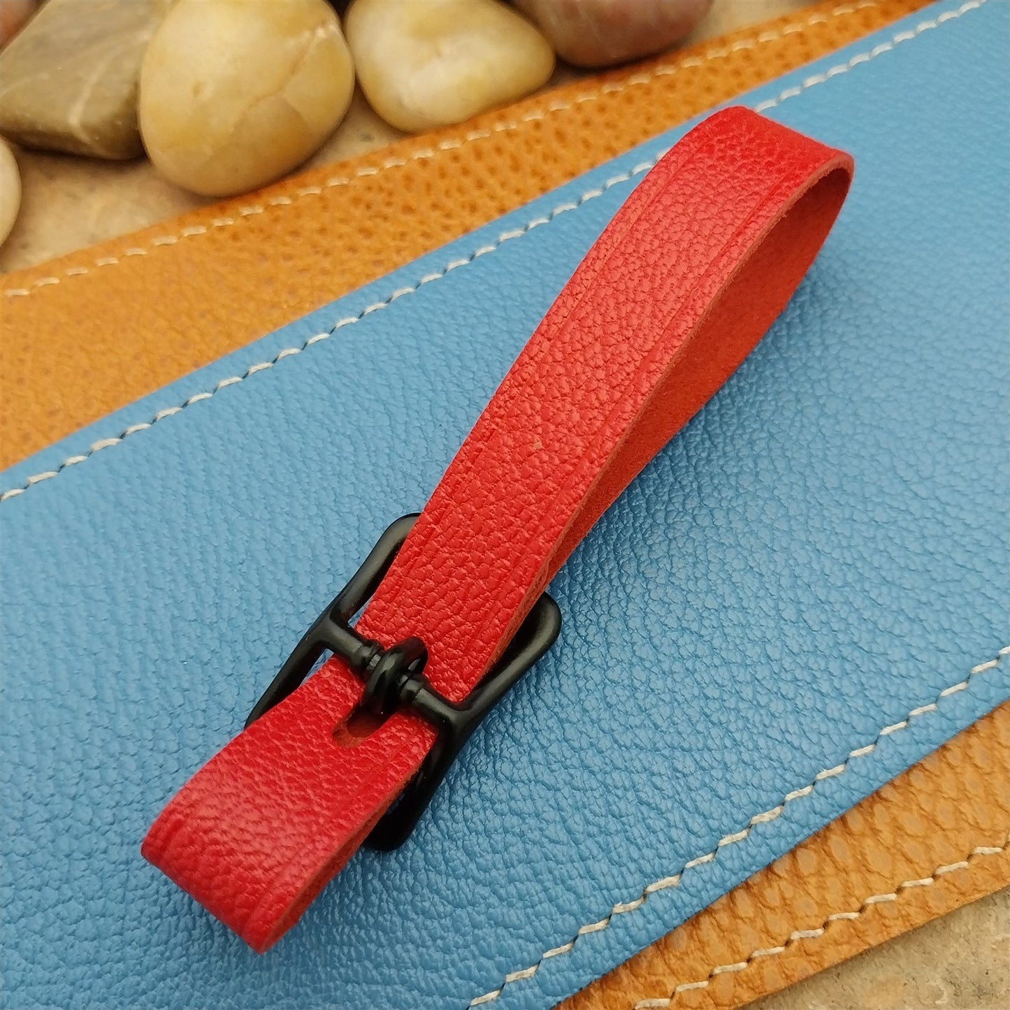 Red French Goatskin Vintage Pocket Watch Fob Strap & Cast Black Buckle