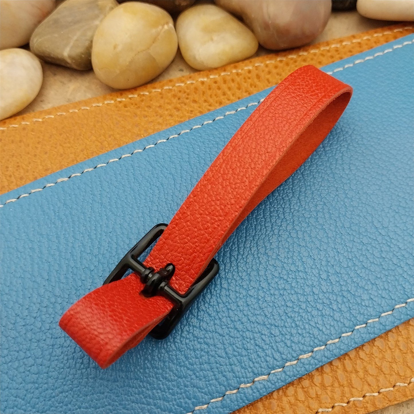 Red French Goatskin Vintage Pocket Watch Fob Strap & Cast Black Buckle
