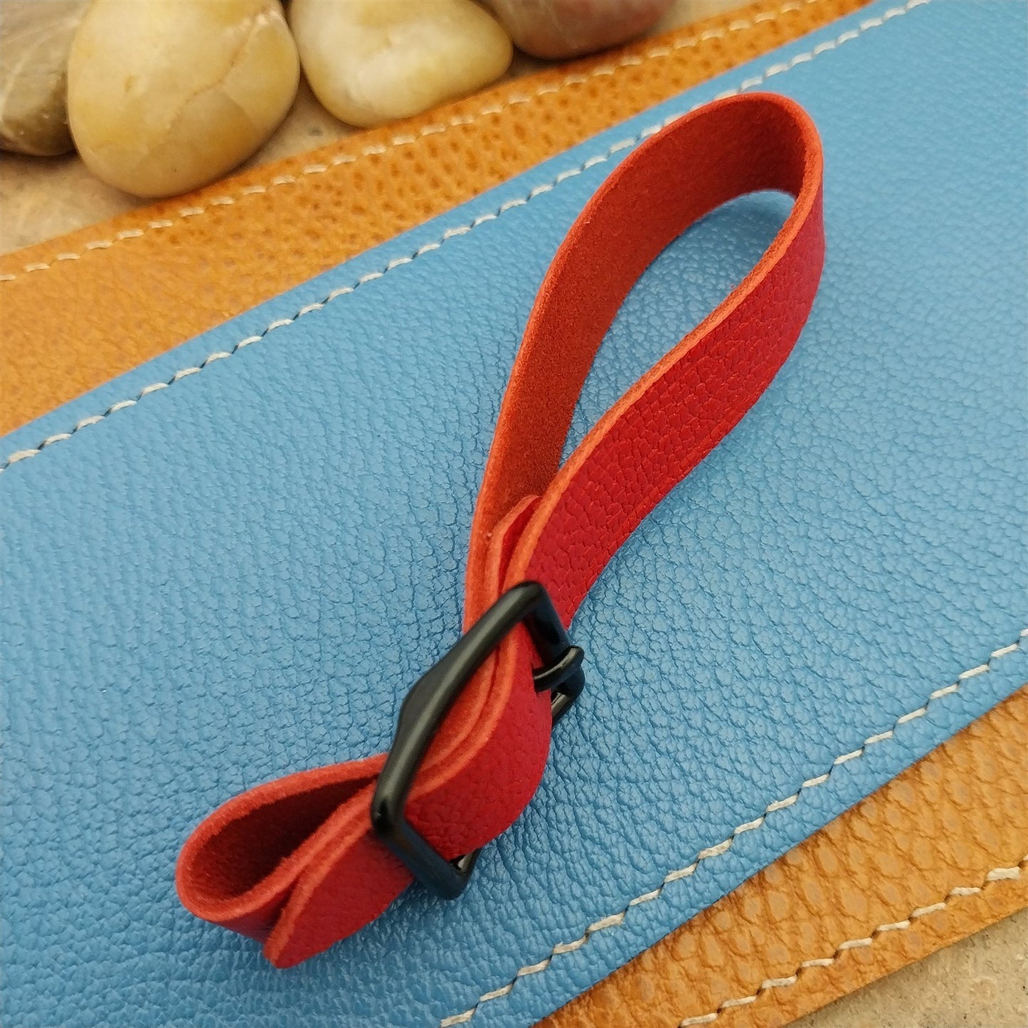 Red French Goatskin Vintage Pocket Watch Fob Strap & Cast Black Buckle