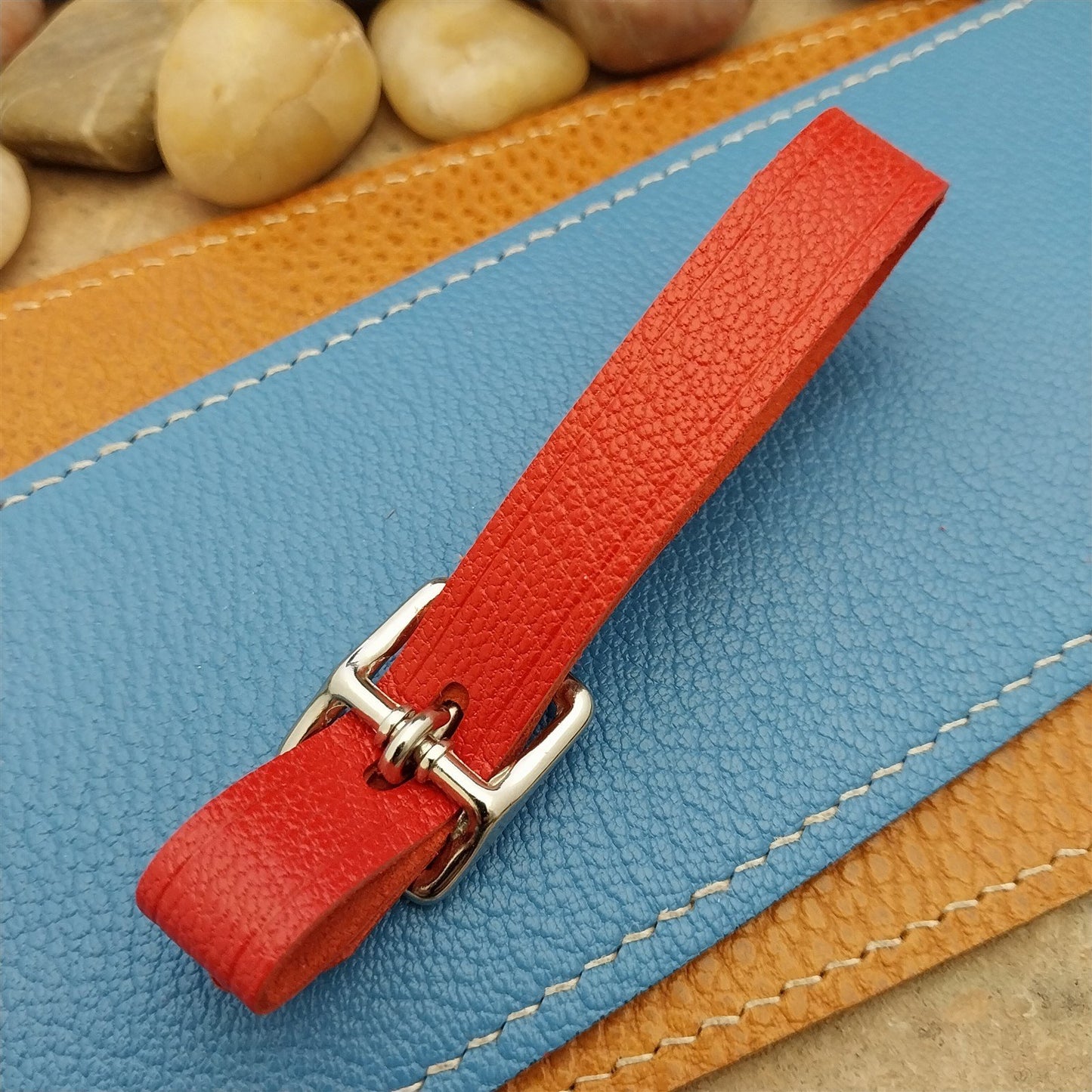 Red French Goatskin Vintage Pocket Watch Fob Strap & Cast Nickel Finish Buckle