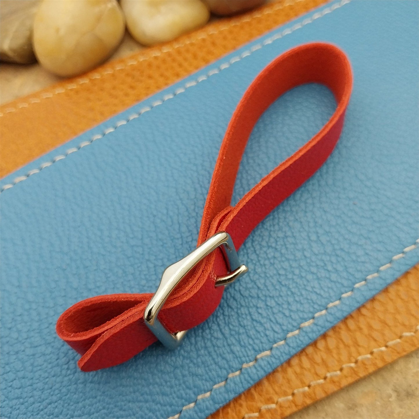 Red French Goatskin Vintage Pocket Watch Fob Strap & Cast Nickel Finish Buckle