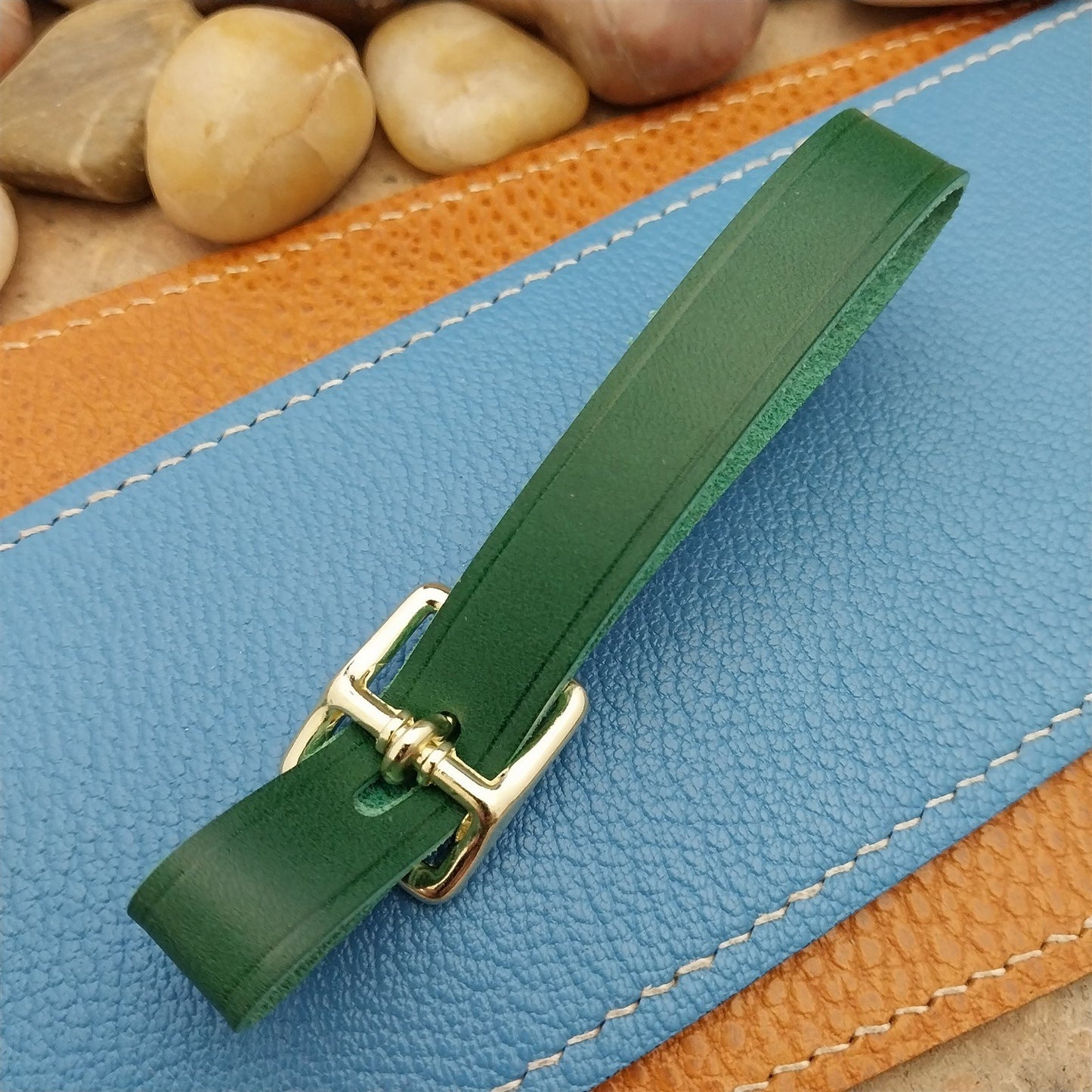 Green Italian Leather Pocket Watch Fob Strap & Polished Brass Finish Solid Buckle