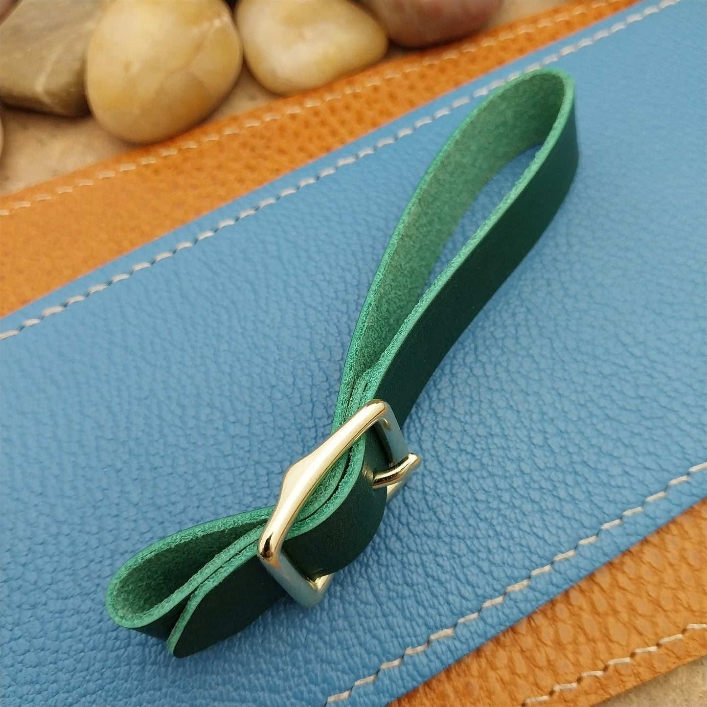 Green Italian Leather Pocket Watch Fob Strap & Polished Brass Finish Solid Buckle