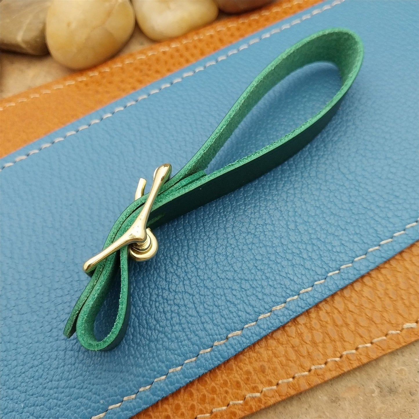 Green Italian Leather Pocket Watch Fob Strap& Polished Brass Finish Solid Buckle