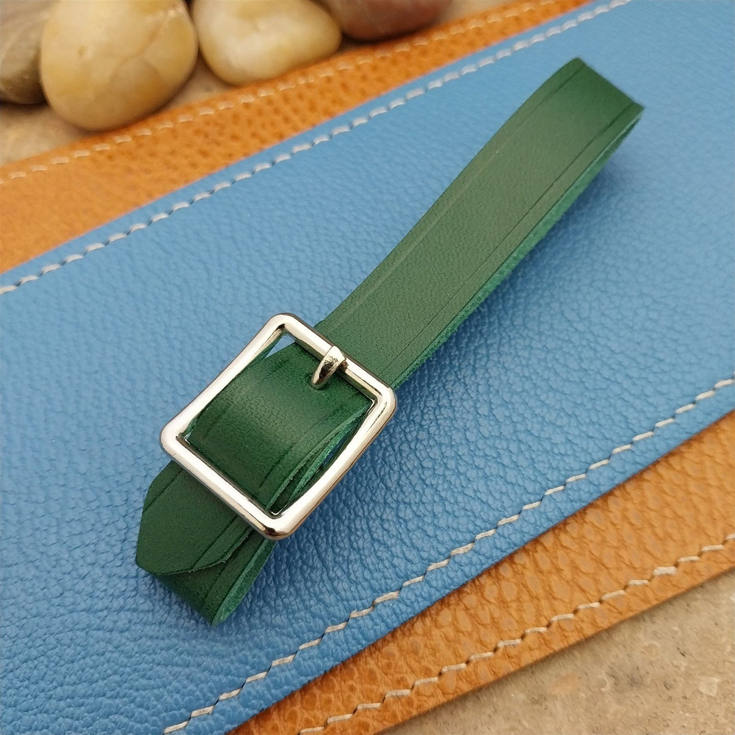 Green Italian Leather Pocket Watch Fob Strap&Polished Nickel Finish Solid Buckle