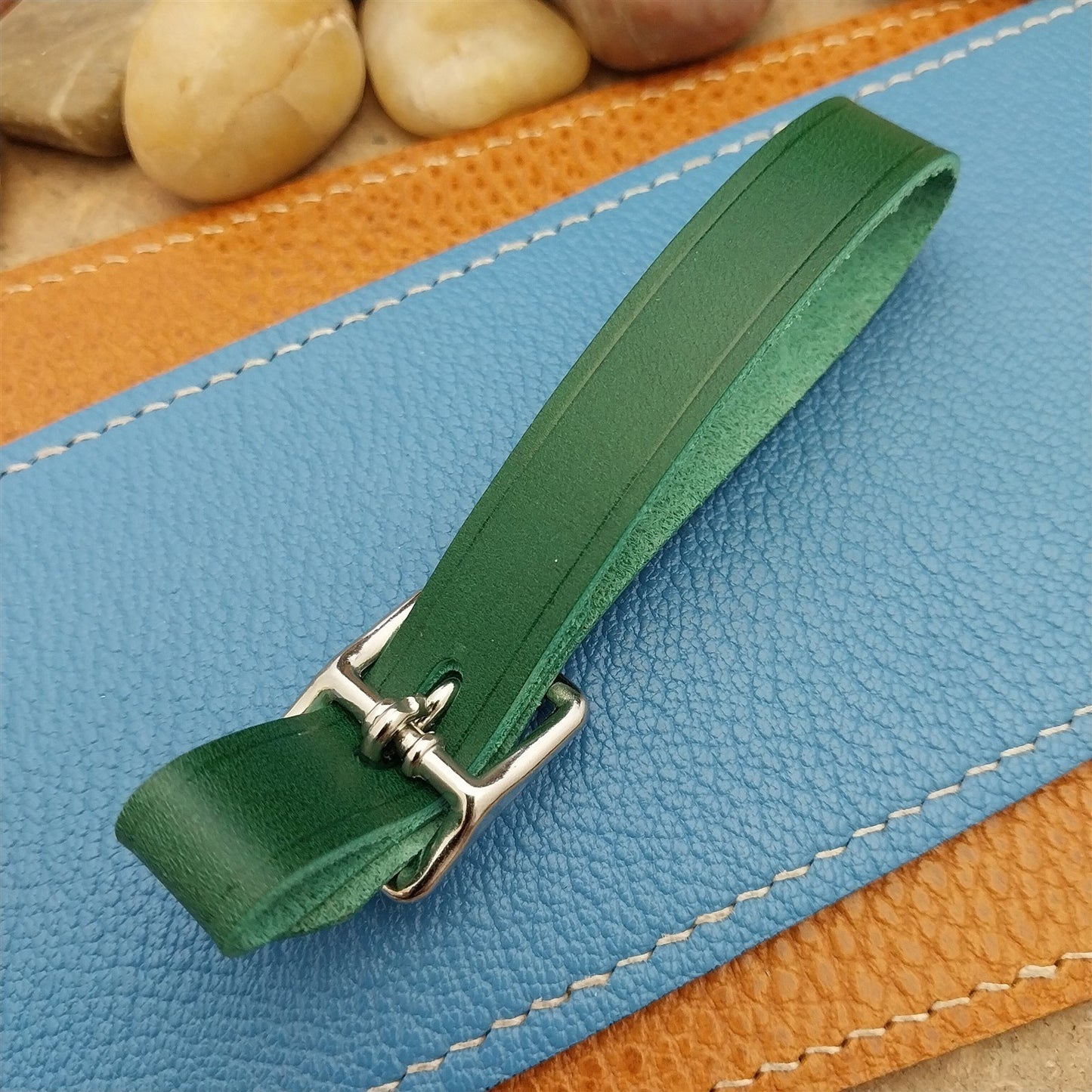 Green Italian Leather Pocket Watch Fob Strap&Polished Nickel Finish Solid Buckle