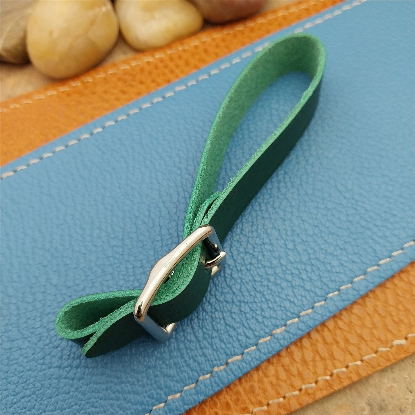 Green Italian Leather Pocket Watch Fob Strap&Polished Nickel Finish Solid Buckle