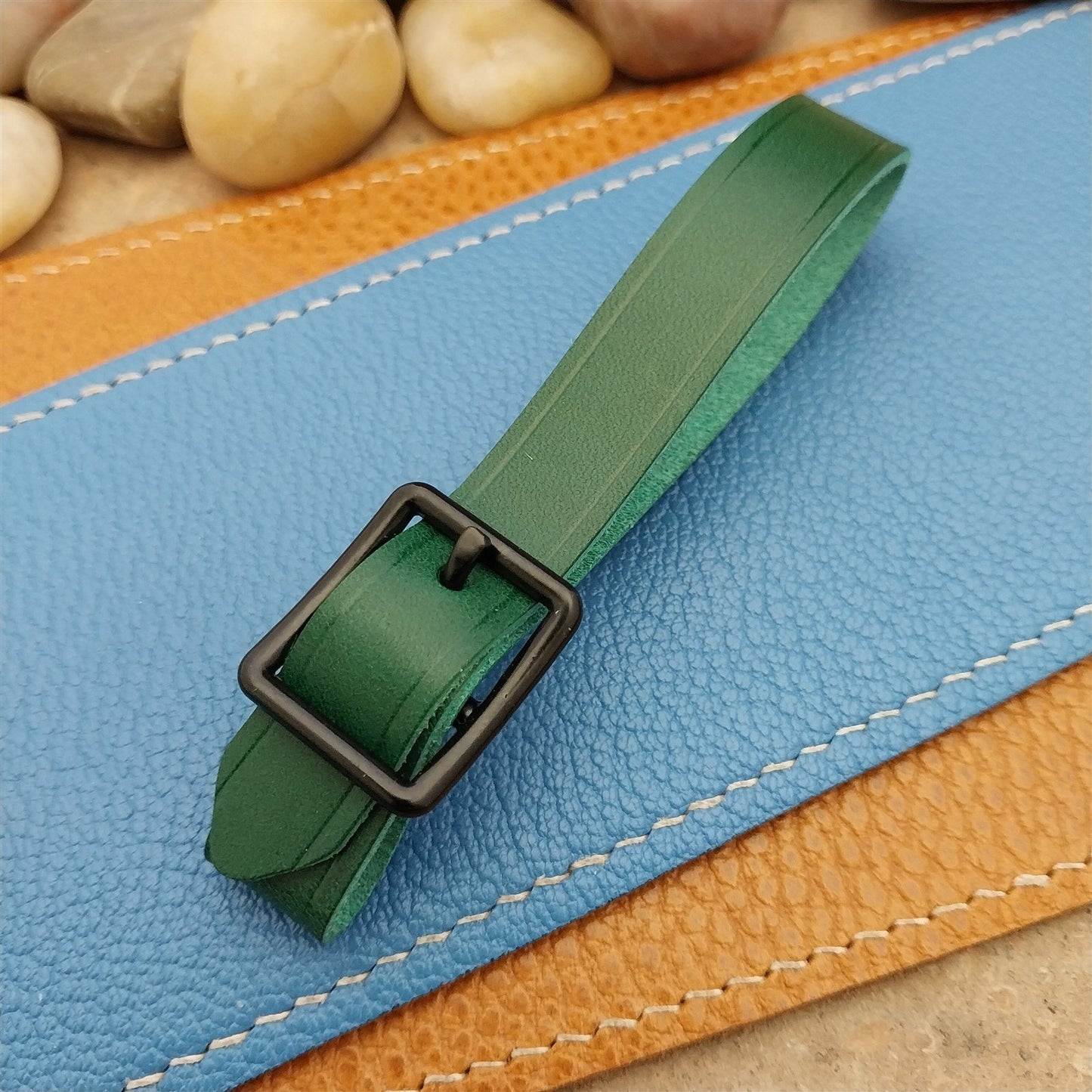 Green Italian Leather Pocket Watch Fob Strap & Cast Black Solid Buckle