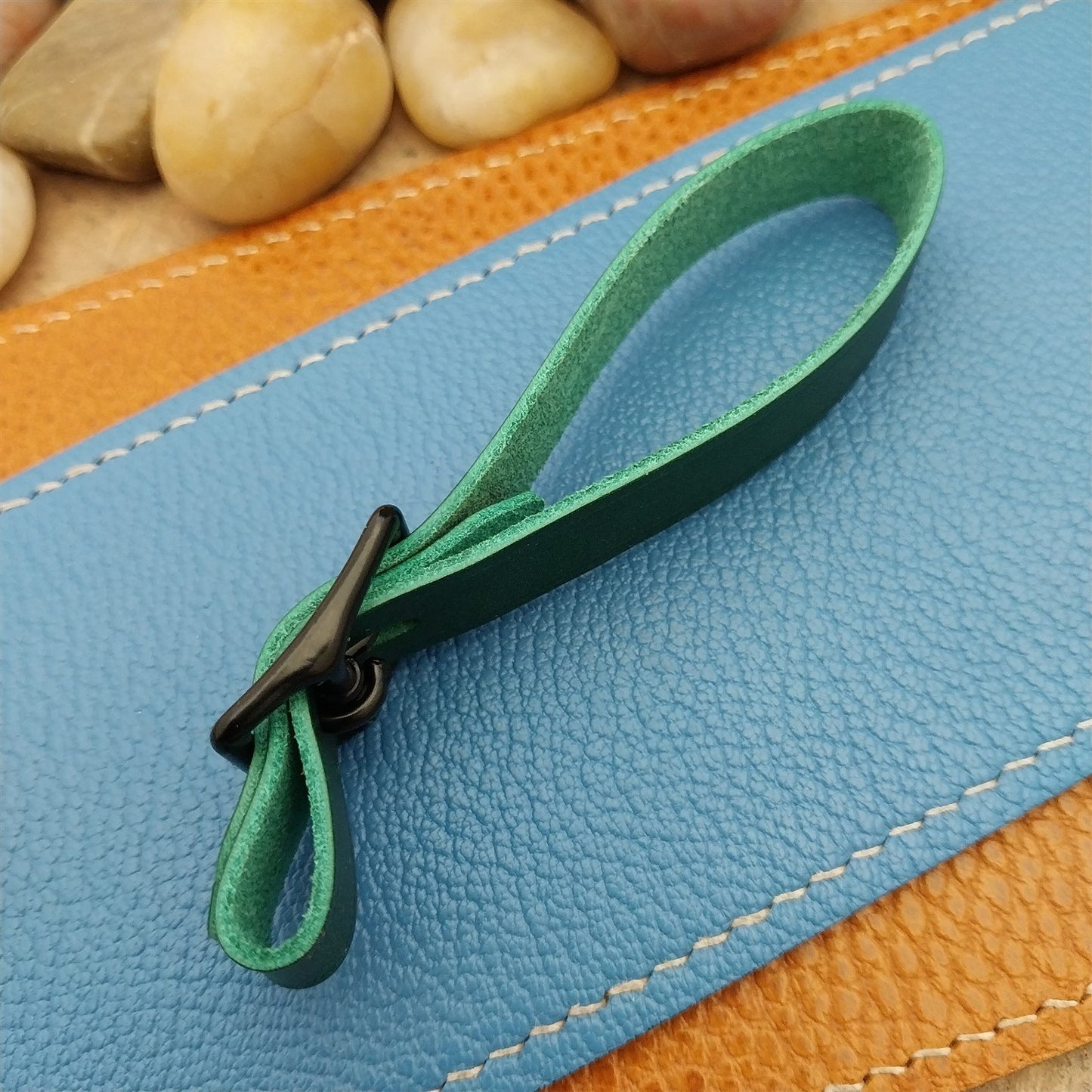 Green Italian Leather Pocket Watch Fob Strap & Cast Black Solid Buckle