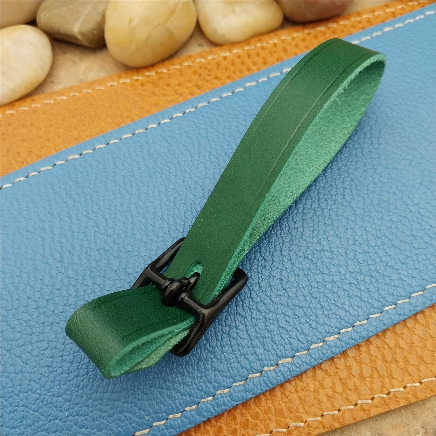 Green Italian Leather Pocket Watch Fob Strap & Cast Black Solid Buckle