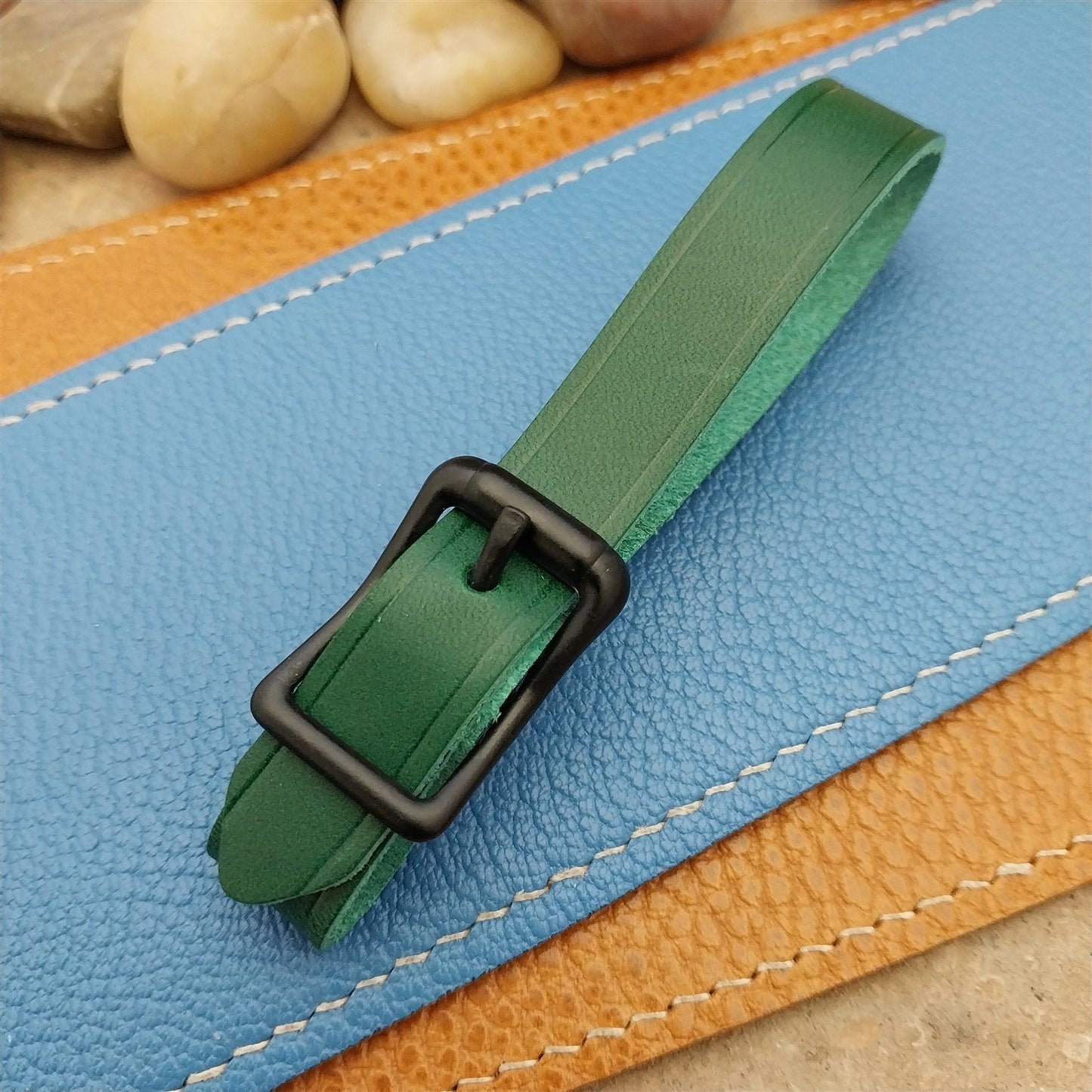 Green Italian Leather Pocket Watch Fob Strap & Cast Black Solid Buckle