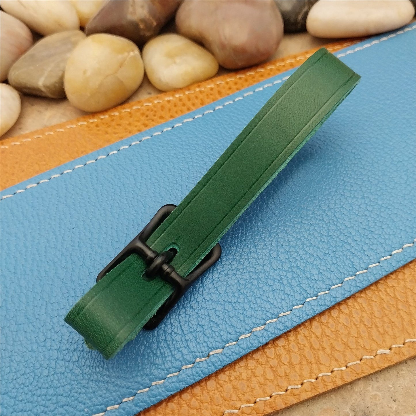 Green Italian Leather Pocket Watch Fob Strap & Cast Black Solid Buckle